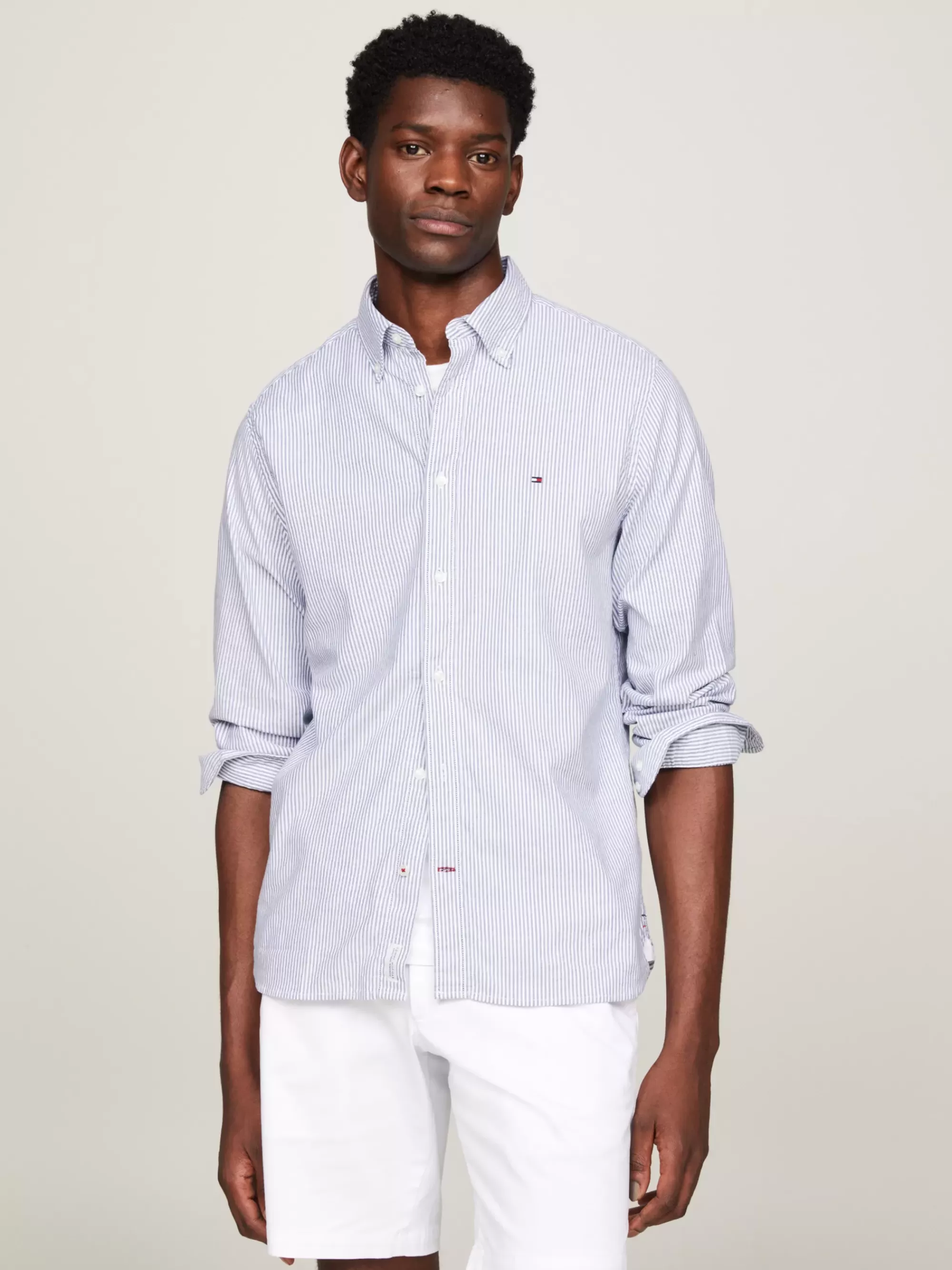 Overhemden*Tommy Hilfiger 1985 TH Flex Gestreept Overhemd CARBON NAVY / WHITE