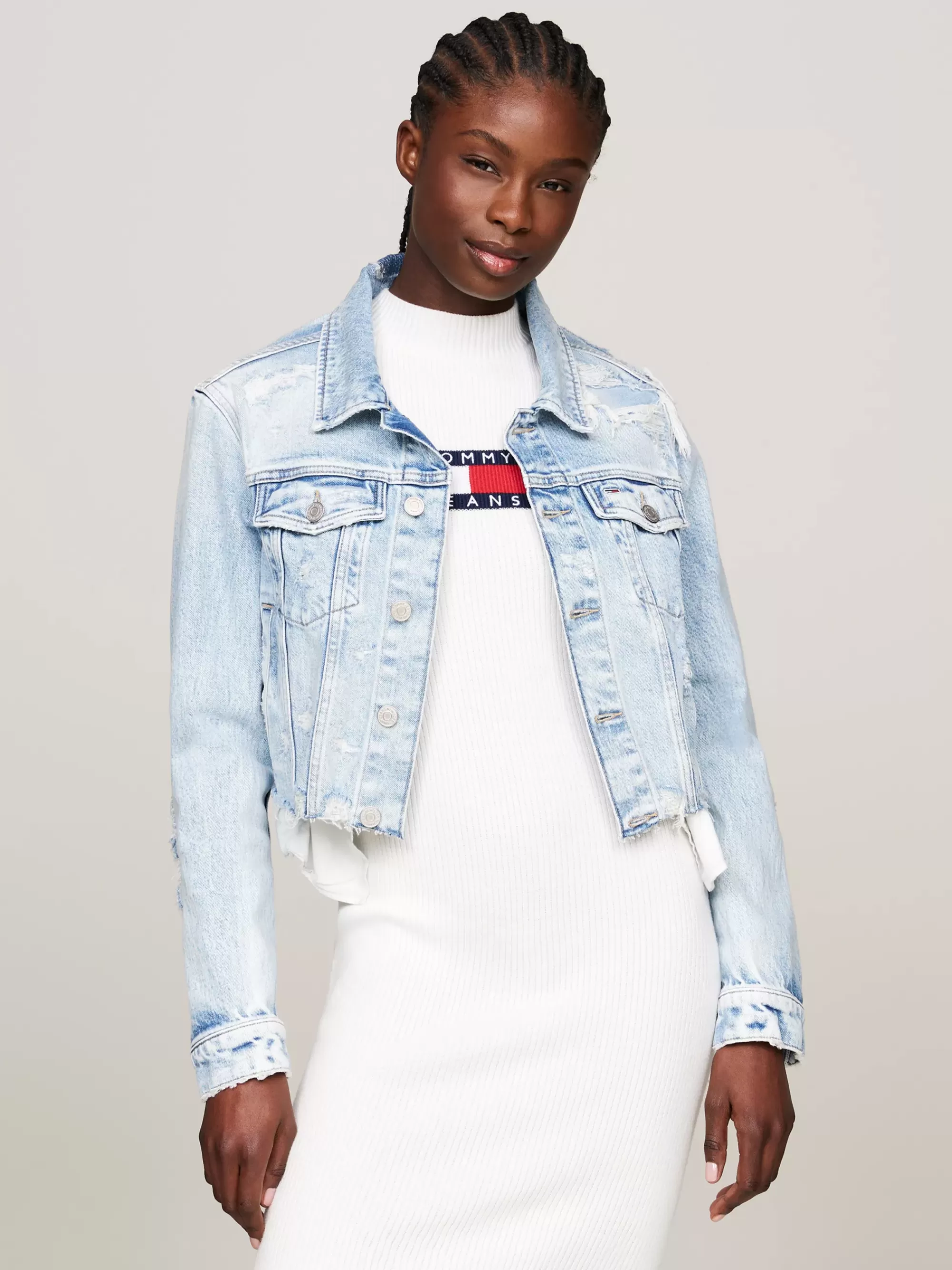 Jassen & Jacks*Tommy Hilfiger Afgesneden Slim Fit Denim Jack Met Distressing DENIM LIGHT