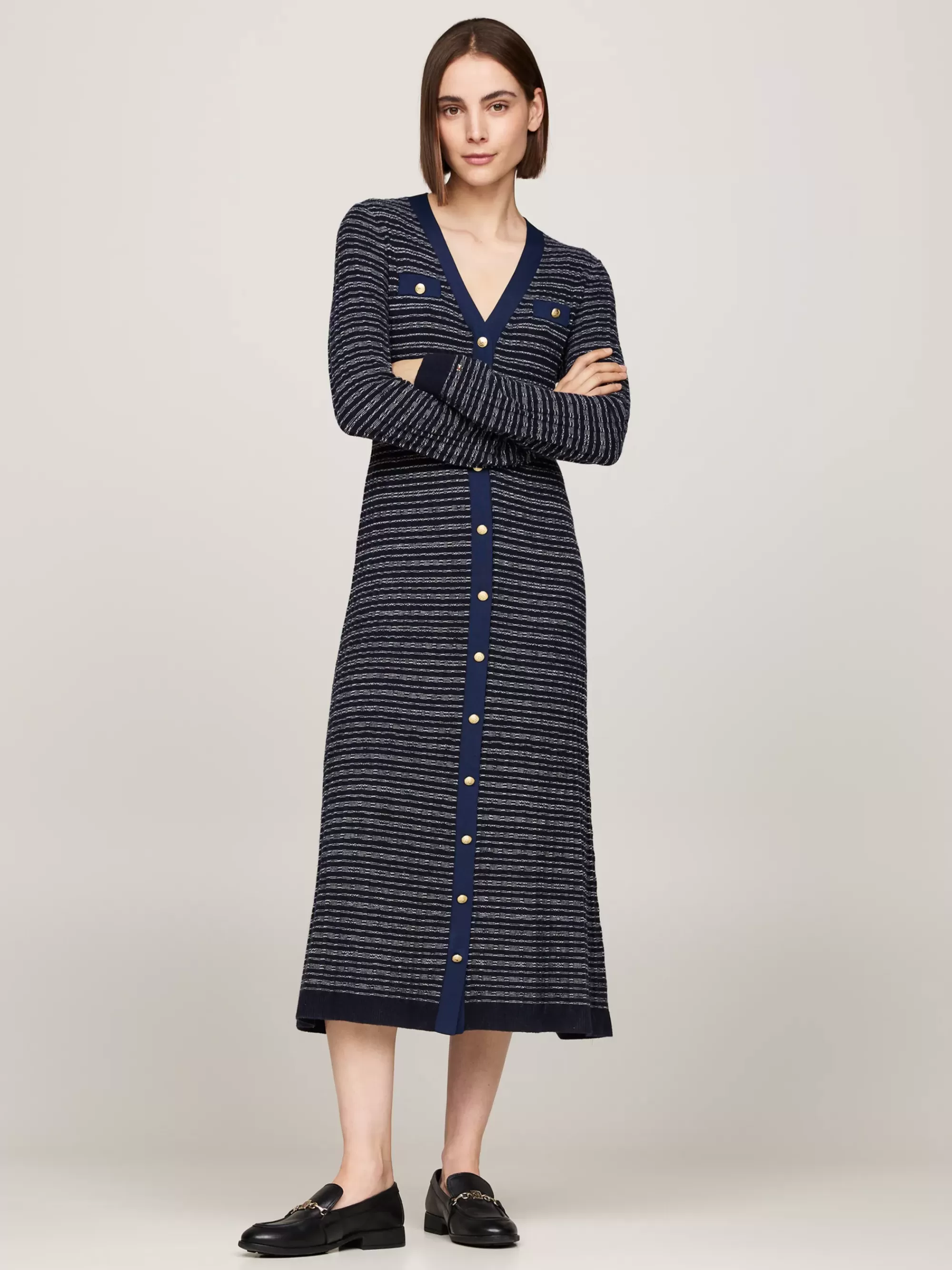 Jurken*Tommy Hilfiger Bodycon Slim Midi-sweaterjurk Met V-hals NAVY/ IVORY TEXTURE STP