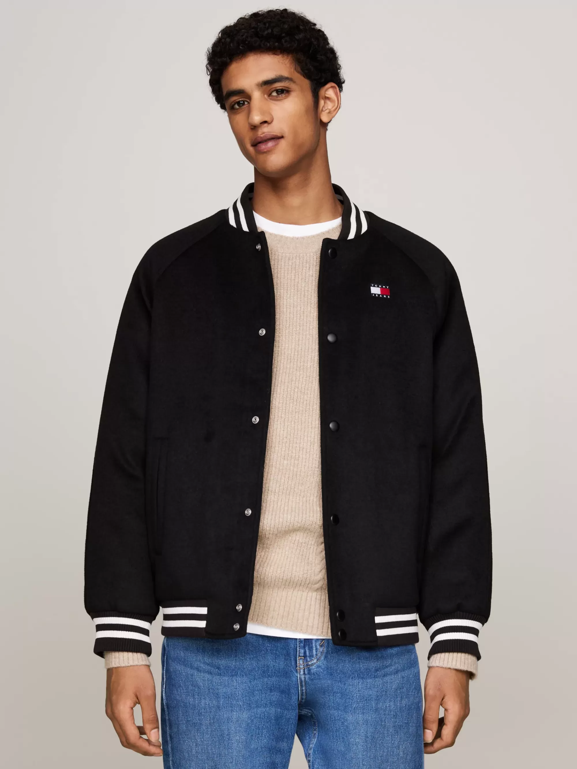 Jassen & Jacks | Bomberjacks*Tommy Hilfiger Bomberjack Van Wolmix Met Ribgebreide Streep BLACK