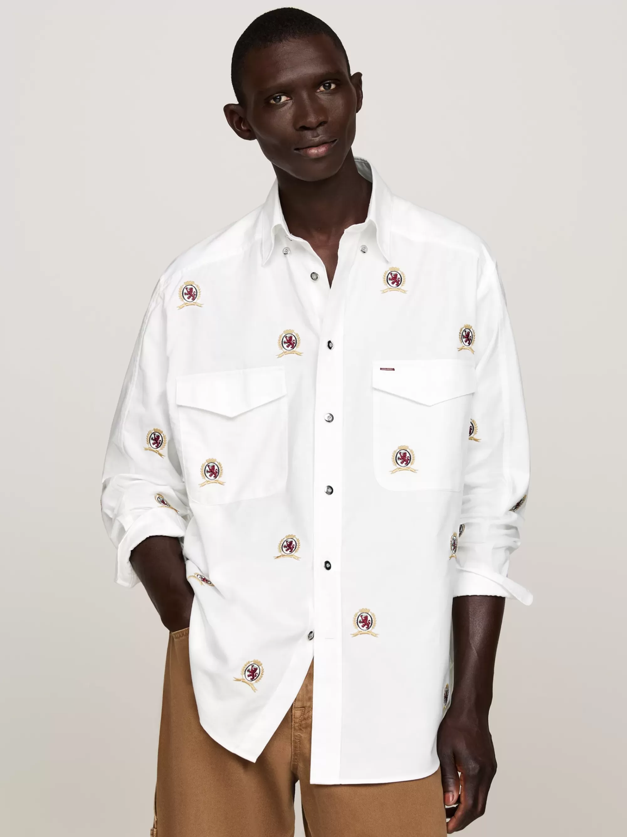 Overhemden*Tommy Hilfiger Boxy Fit Overhemd Met Geborduurde Emblemen ECRU