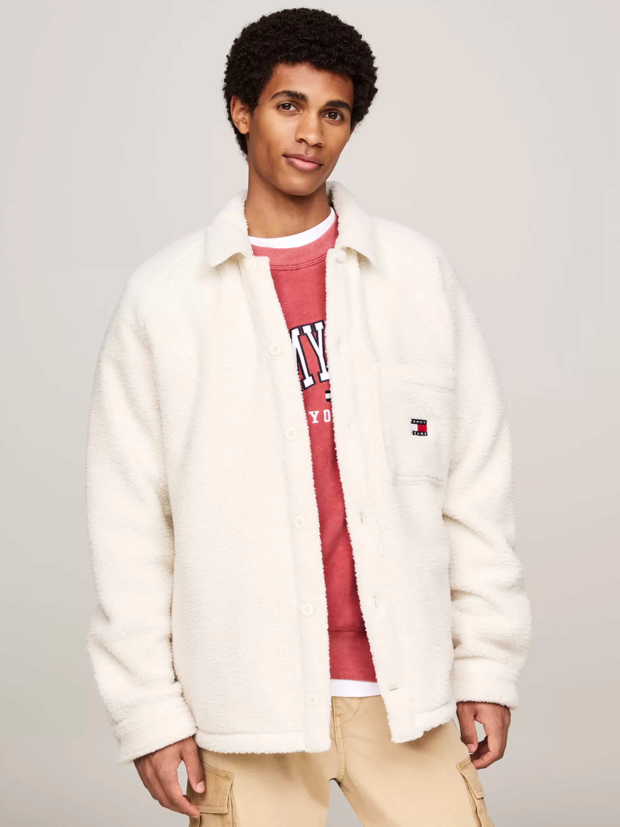 Overhemden*Tommy Hilfiger Casual Overshirt Van Teddy Fleece Met Badge ANCIENT WHITE