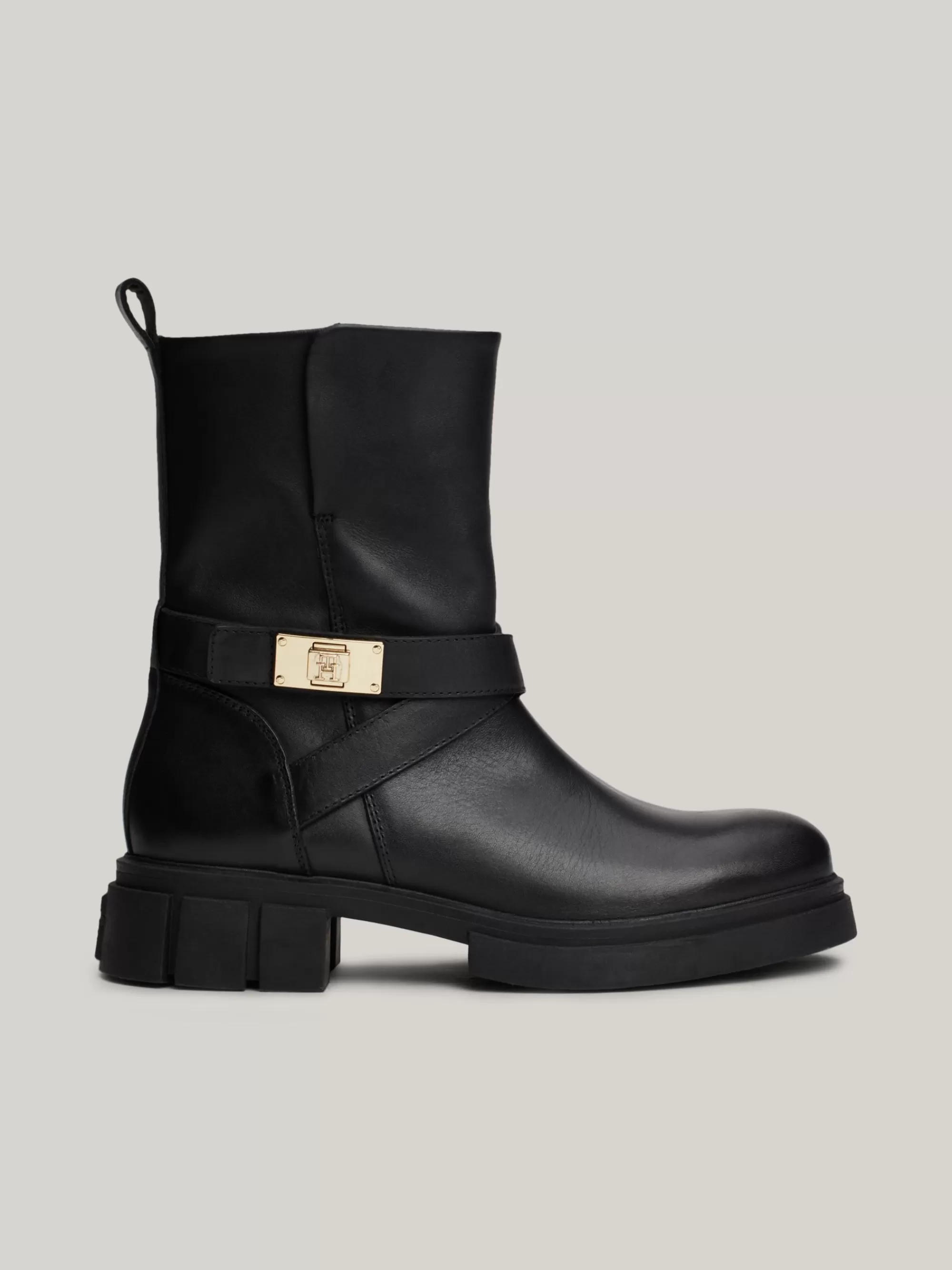 Laarzen & Enkellaarzen*Tommy Hilfiger Chunky Leren Bikerlaars Met Riempjes BLACK