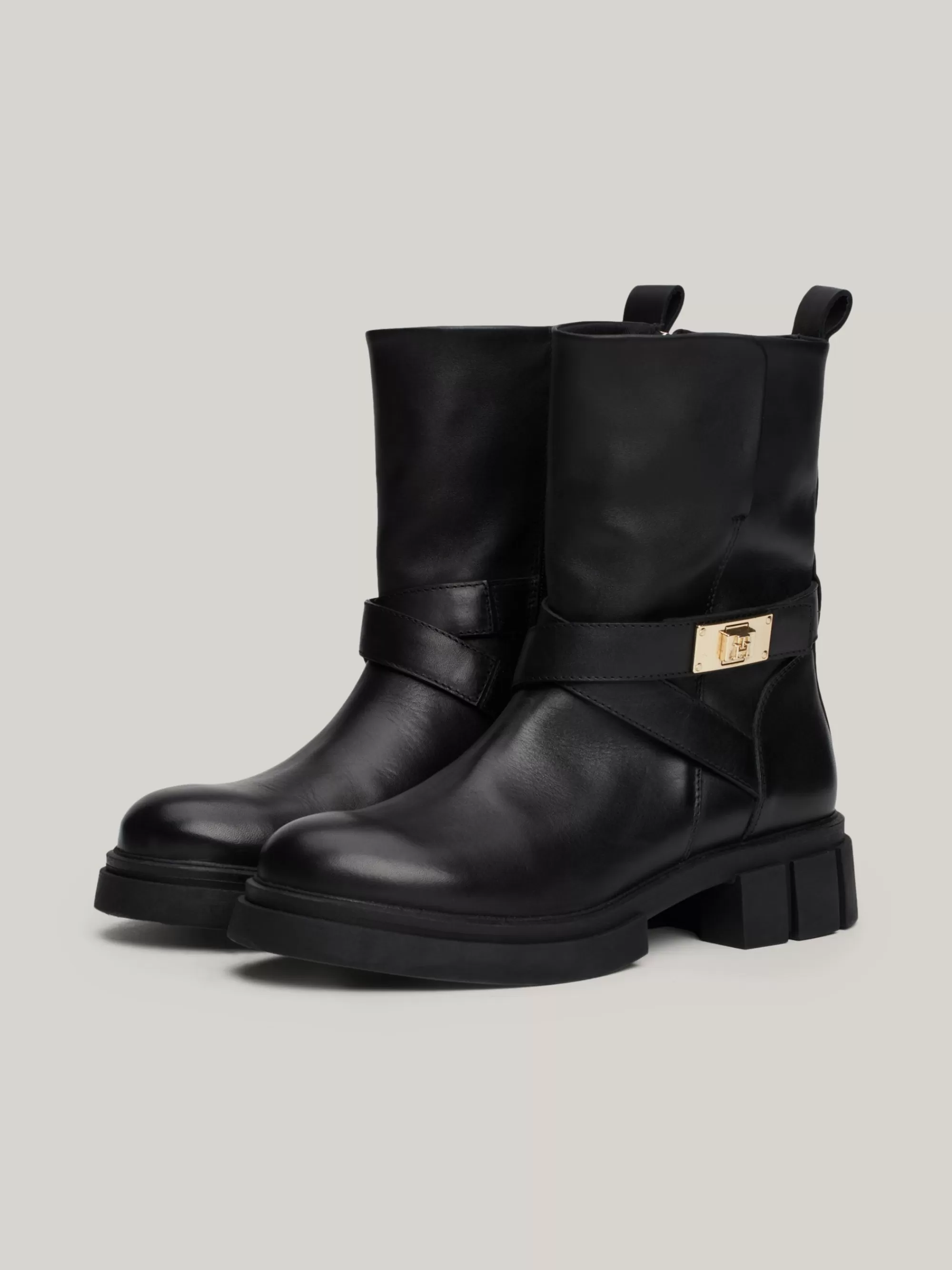 Laarzen & Enkellaarzen*Tommy Hilfiger Chunky Leren Bikerlaars Met Riempjes BLACK