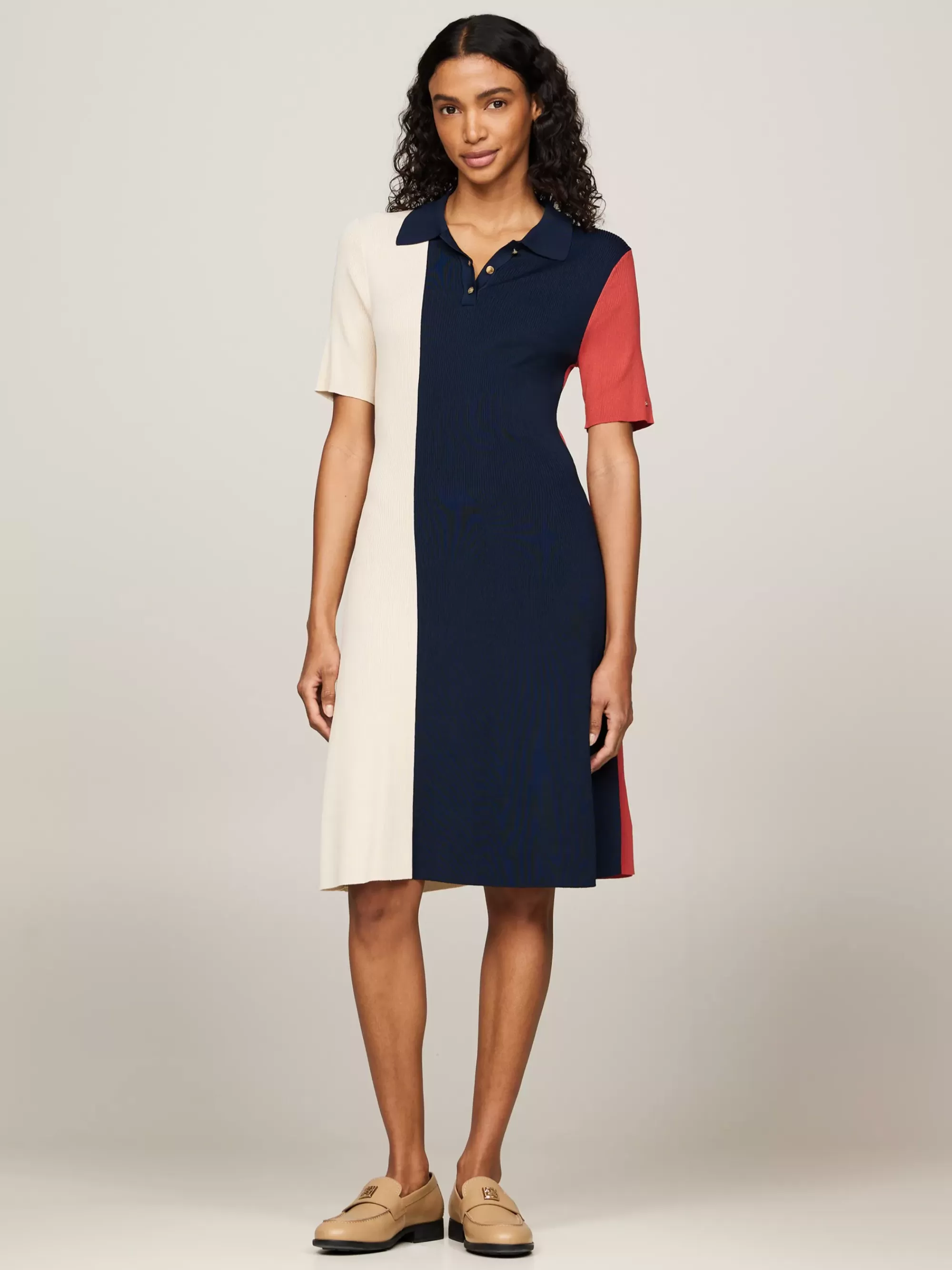 Jurken*Tommy Hilfiger Colour-blocked Gebreide Slim Fit Polojurk GLOBAL STP/ COLOR BLOCKED