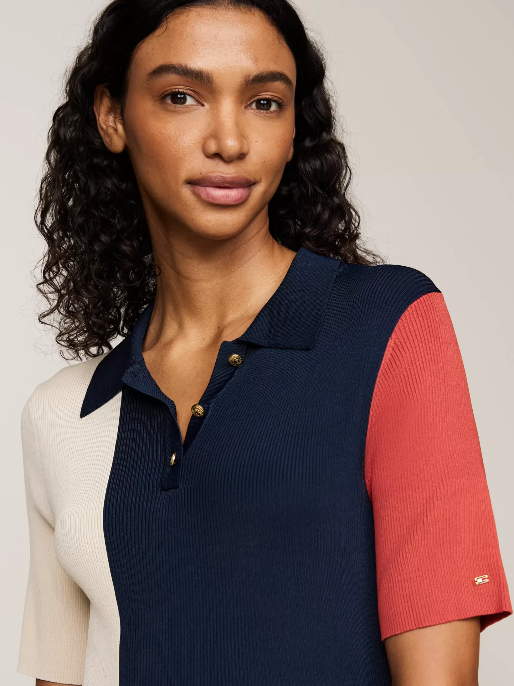 Jurken*Tommy Hilfiger Colour-blocked Gebreide Slim Fit Polojurk GLOBAL STP/ COLOR BLOCKED
