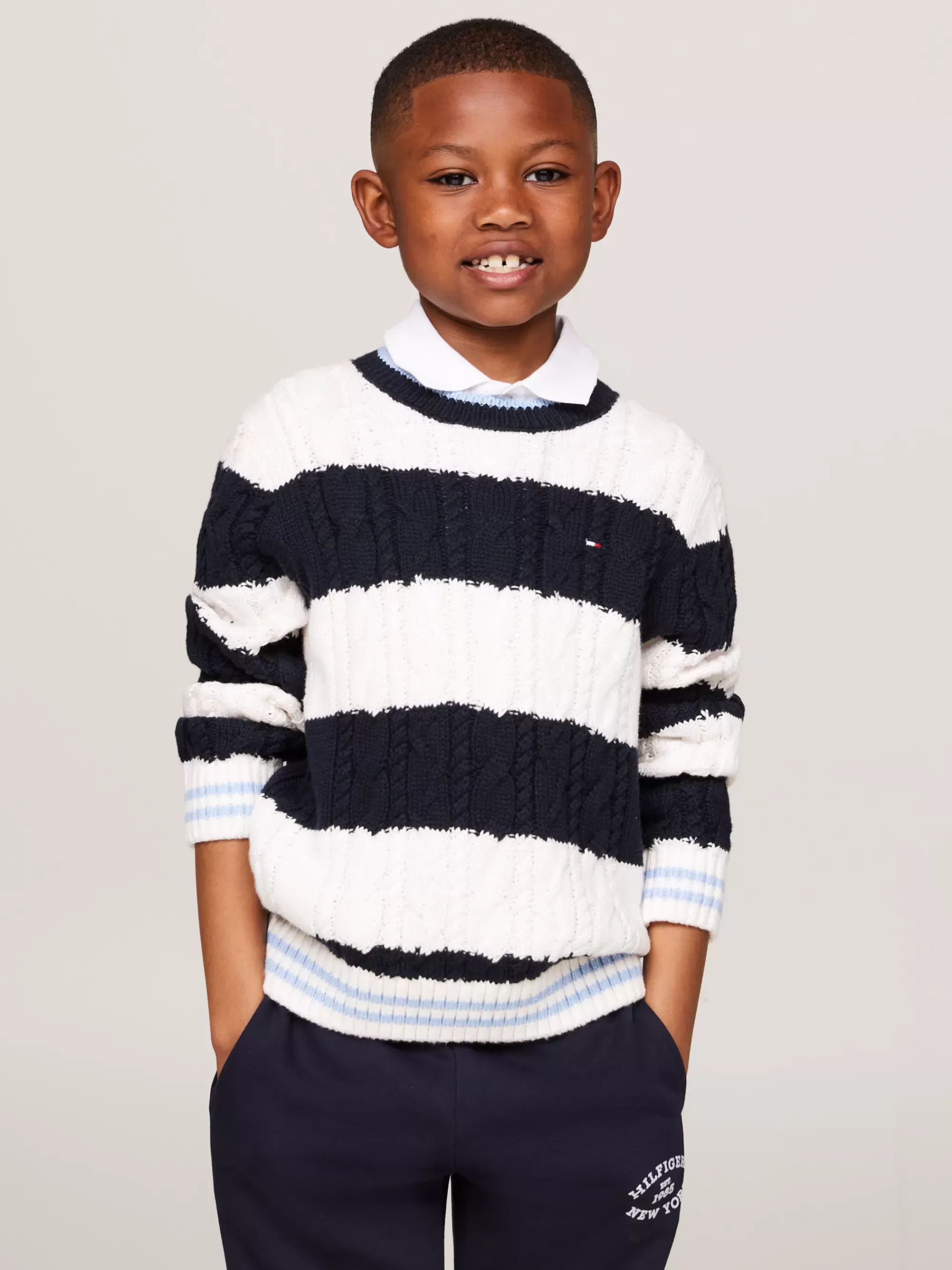 Truien & Vesten*Tommy Hilfiger Colour-blocked Gestreepte Kabelgebreide Trui DESERT SKY / ANCIENT WHITE STRIPES