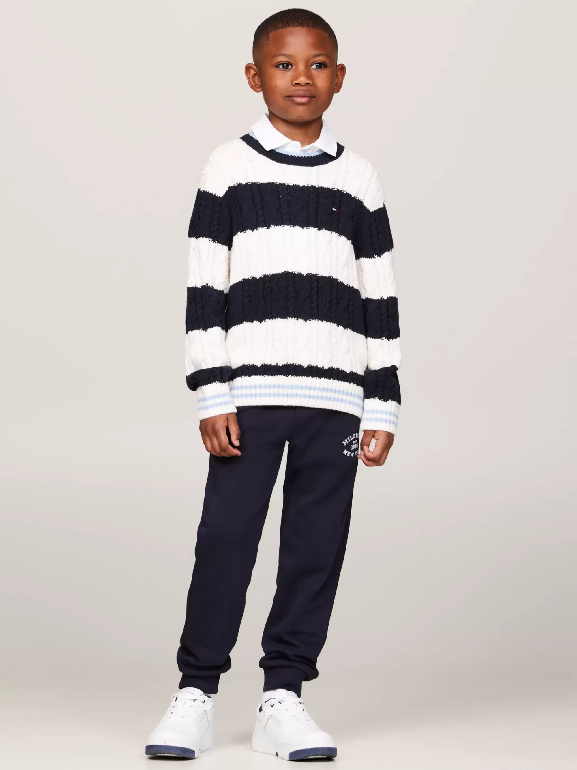 Truien & Vesten*Tommy Hilfiger Colour-blocked Gestreepte Kabelgebreide Trui DESERT SKY / ANCIENT WHITE STRIPES