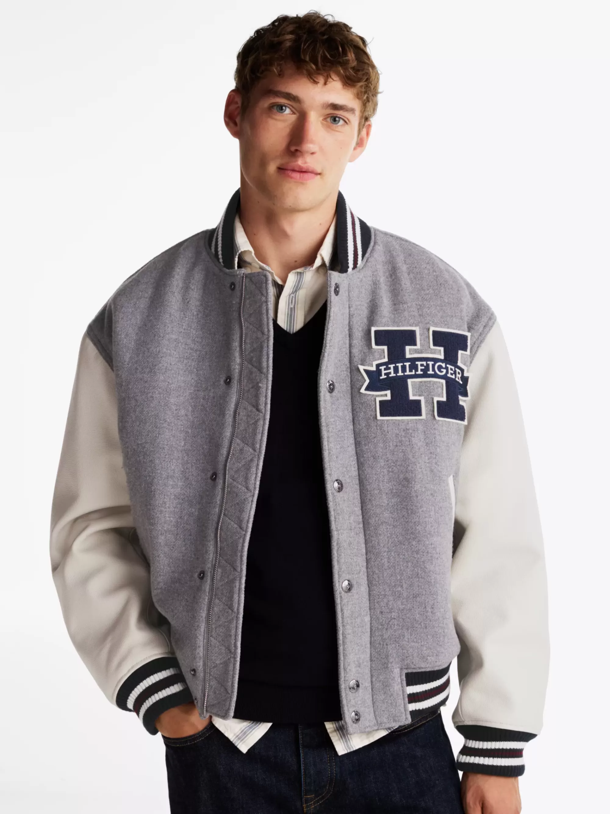 Jassen & Jacks | Bomberjacks*Tommy Hilfiger Colour-blocked Varsity-jack Met Leren Mouwen LIGHT GREY HEATHER