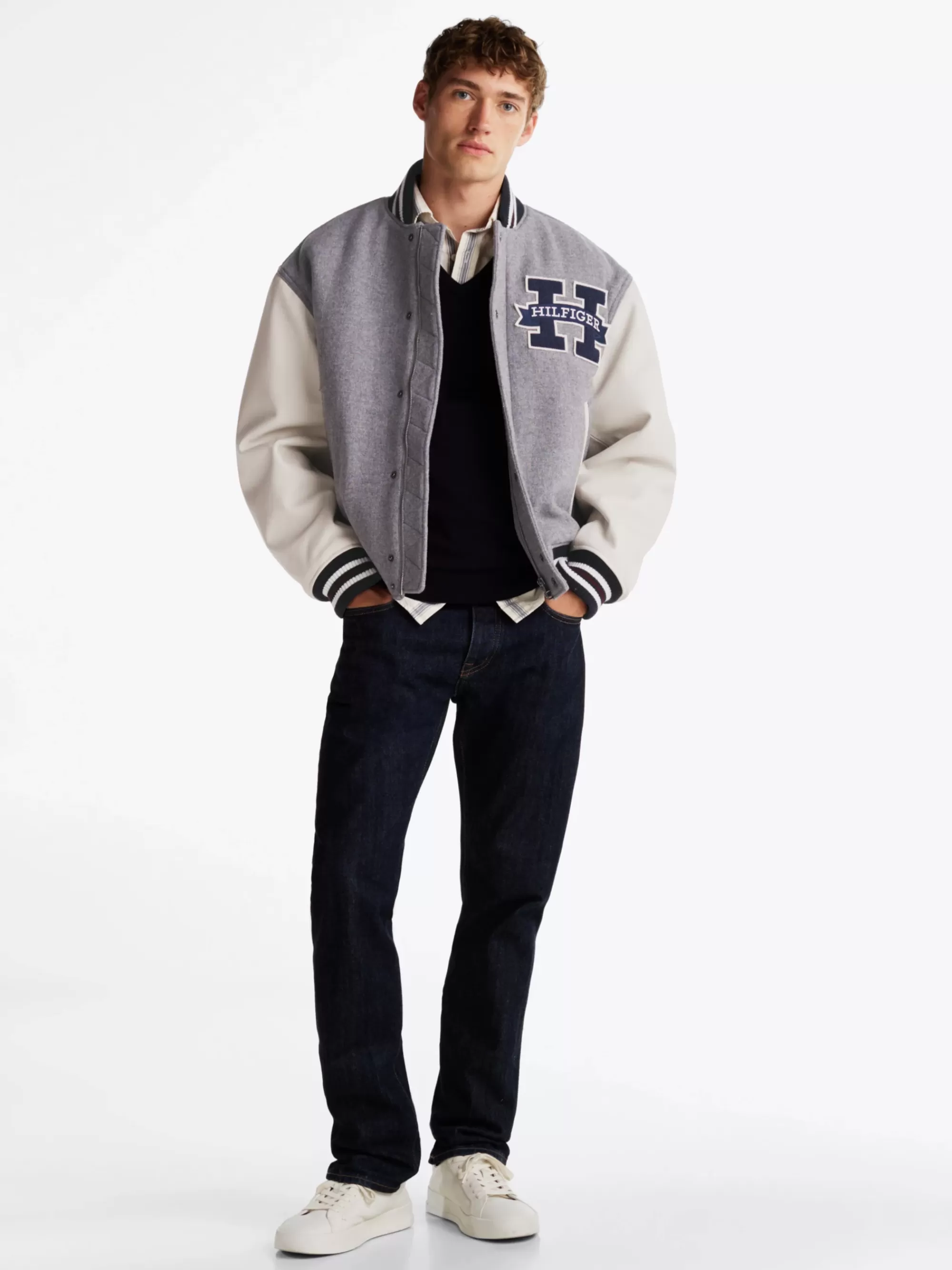 Jassen & Jacks | Bomberjacks*Tommy Hilfiger Colour-blocked Varsity-jack Met Leren Mouwen LIGHT GREY HEATHER