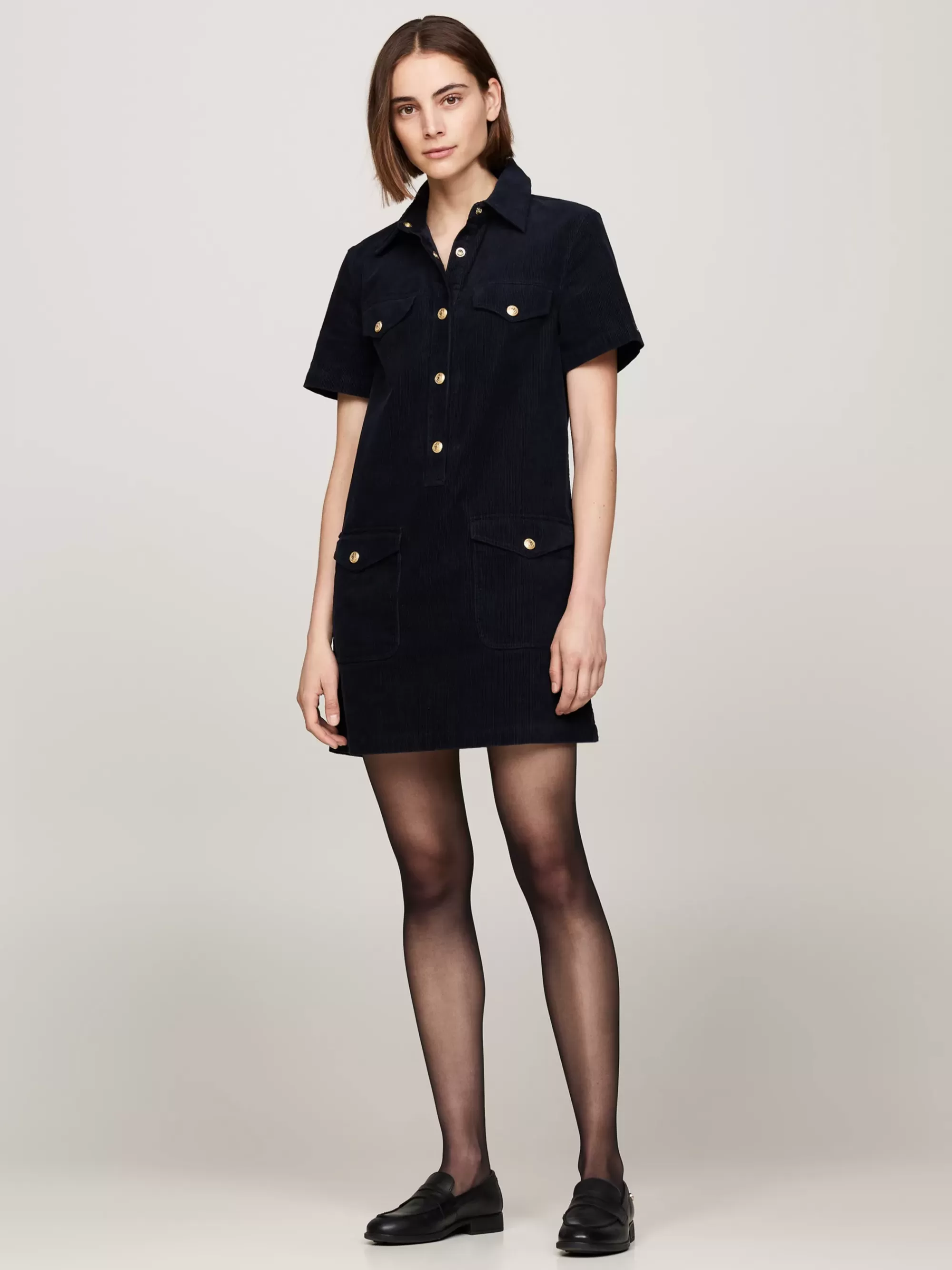 Jurken*Tommy Hilfiger Corduroy Mini-overhemdjurk Met Korte Mouwen DESERT SKY