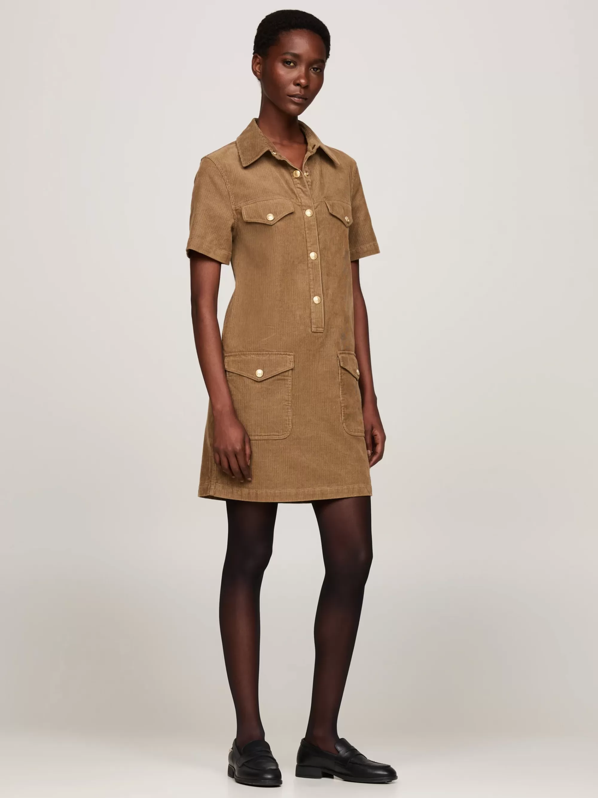 Jurken*Tommy Hilfiger Corduroy Mini-overhemdjurk Met Korte Mouwen BEIGE