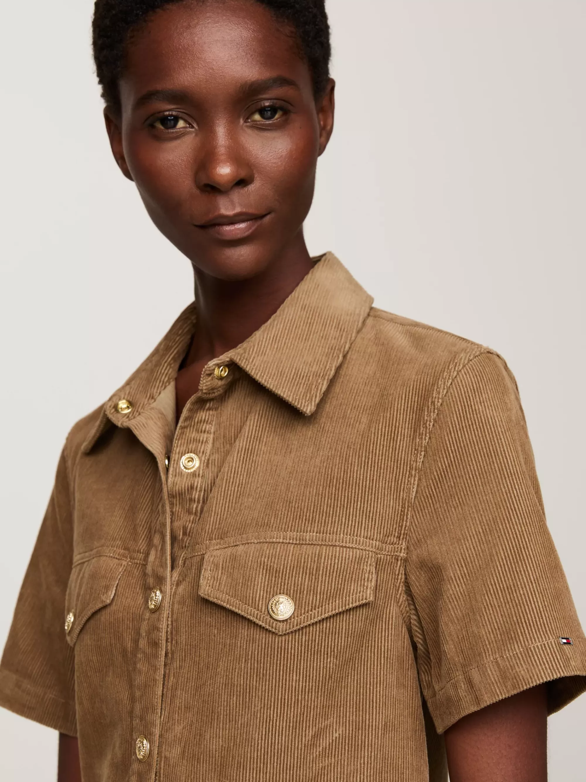 Jurken*Tommy Hilfiger Corduroy Mini-overhemdjurk Met Korte Mouwen BEIGE