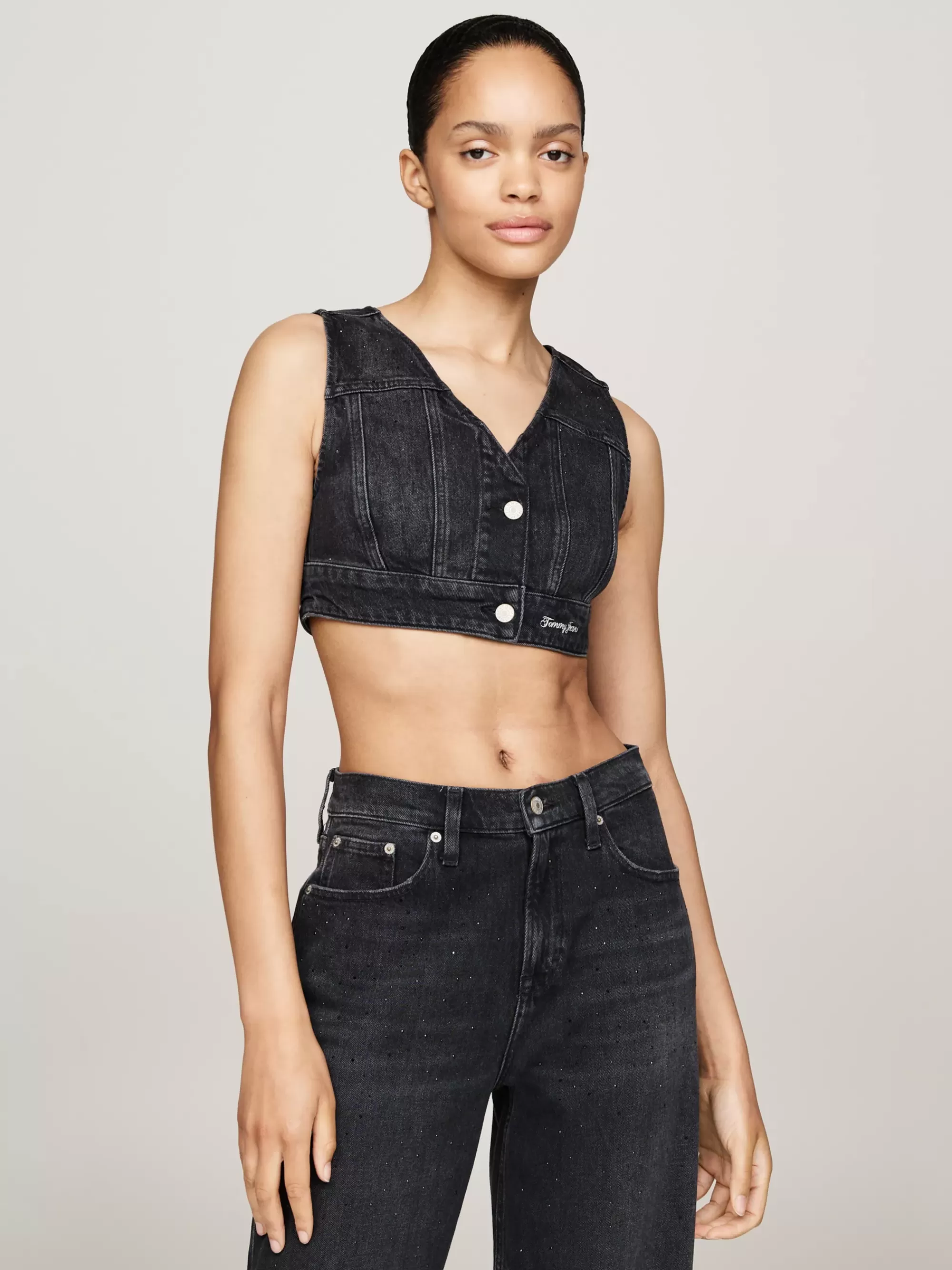 T-Shirts*Tommy Hilfiger Cropped Bodywarmer Van Denim Met Glitter DENIM BLACK