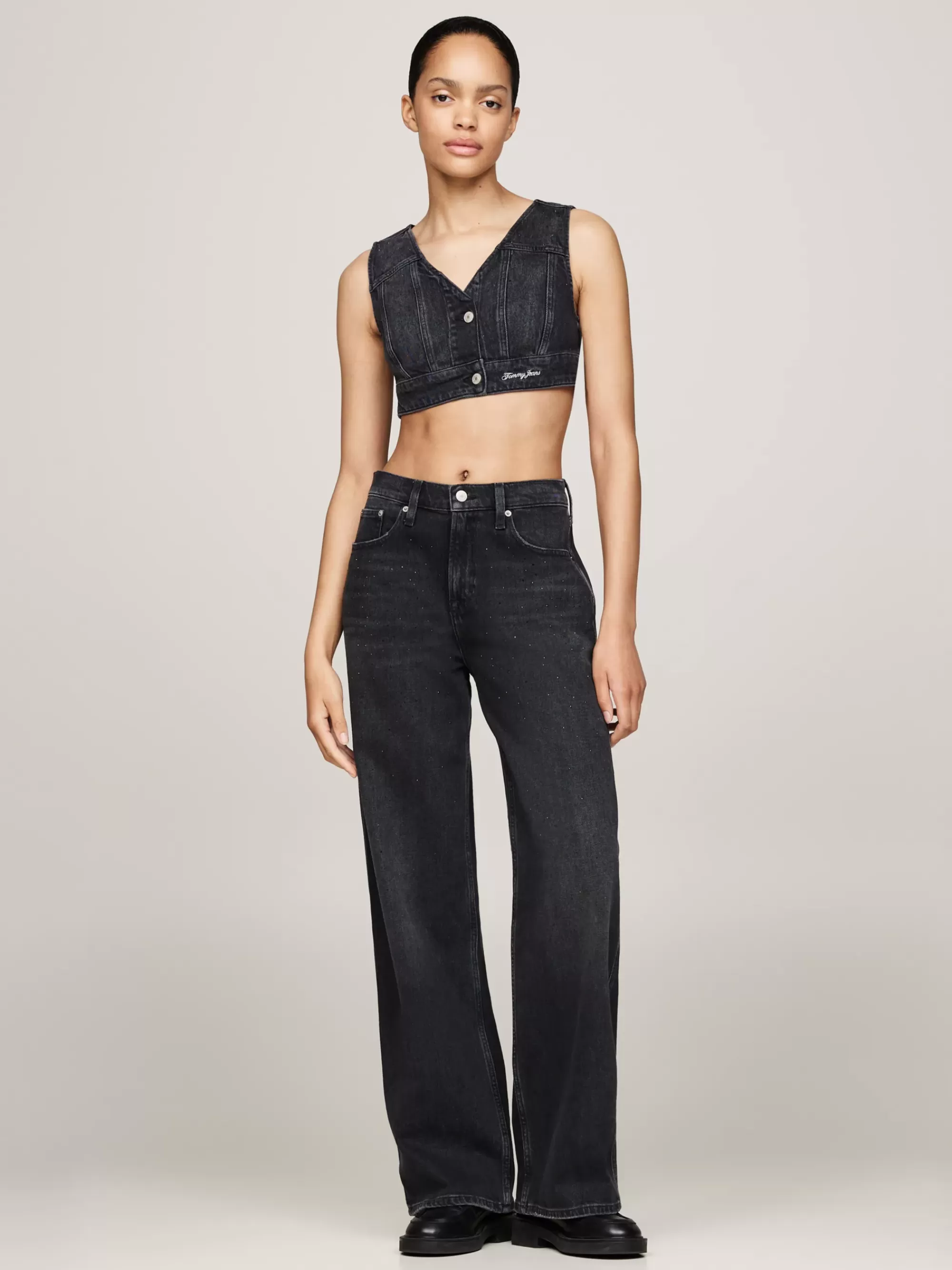 T-Shirts*Tommy Hilfiger Cropped Bodywarmer Van Denim Met Glitter DENIM BLACK