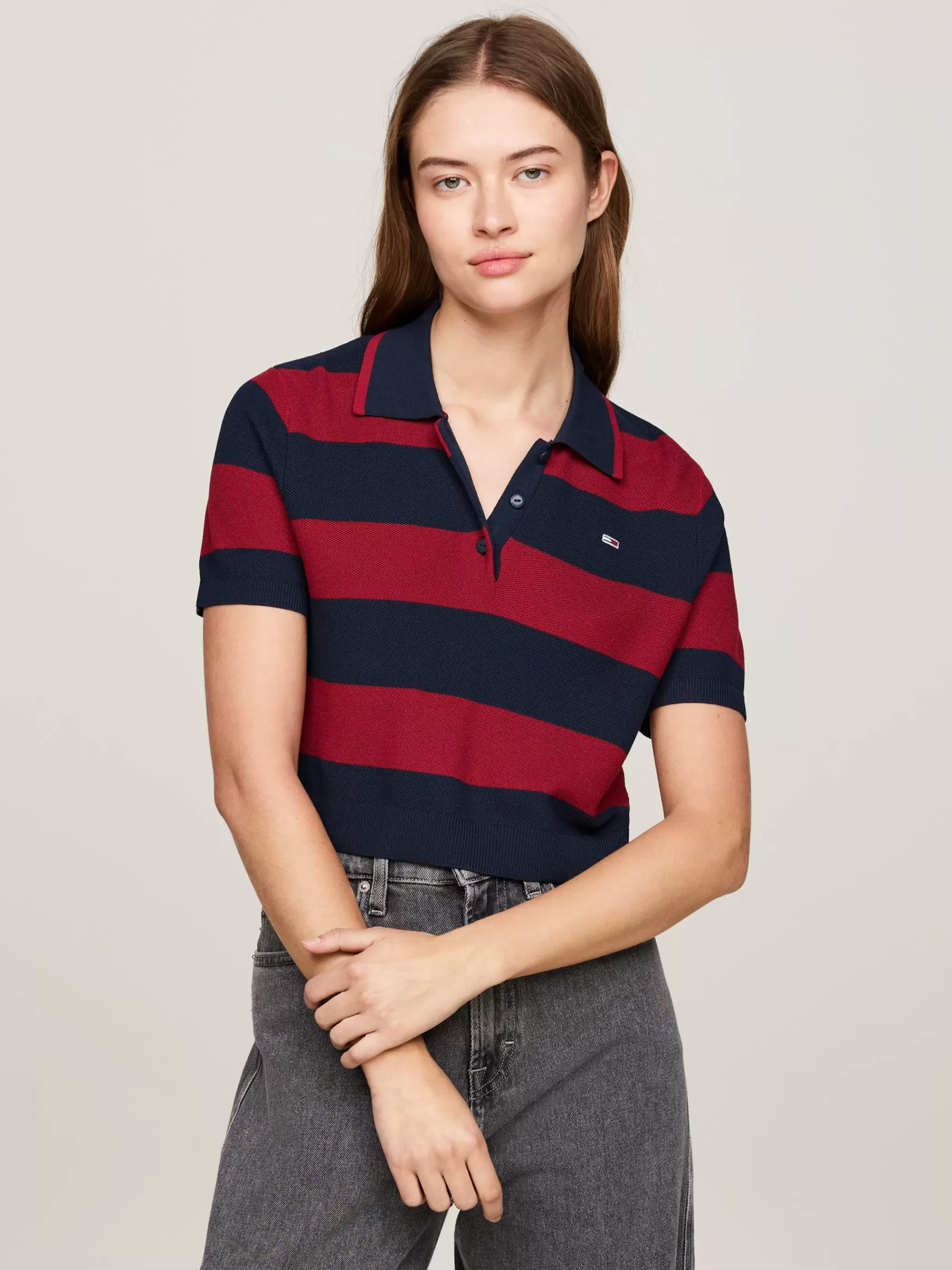Polo's*Tommy Hilfiger Cropped Boxy Polo Met Strepen NAVY / RED STRIPE