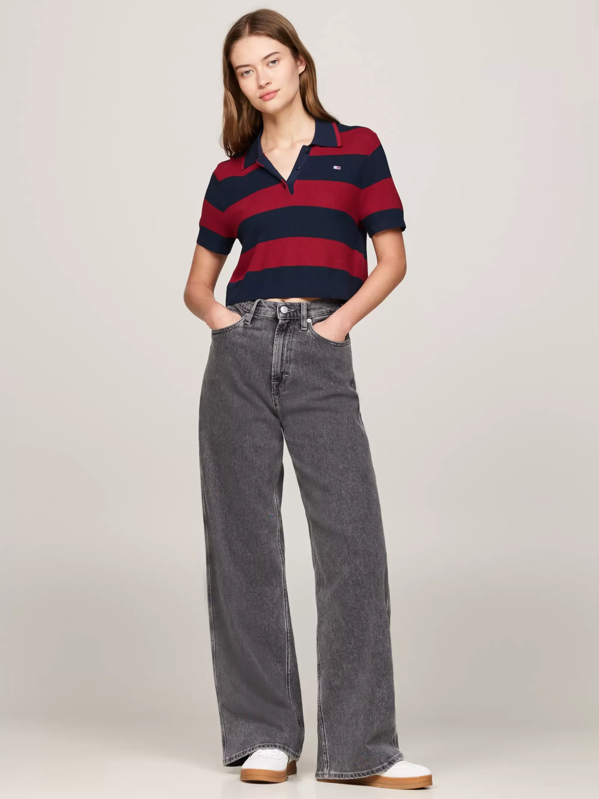 Polo's*Tommy Hilfiger Cropped Boxy Polo Met Strepen NAVY / RED STRIPE