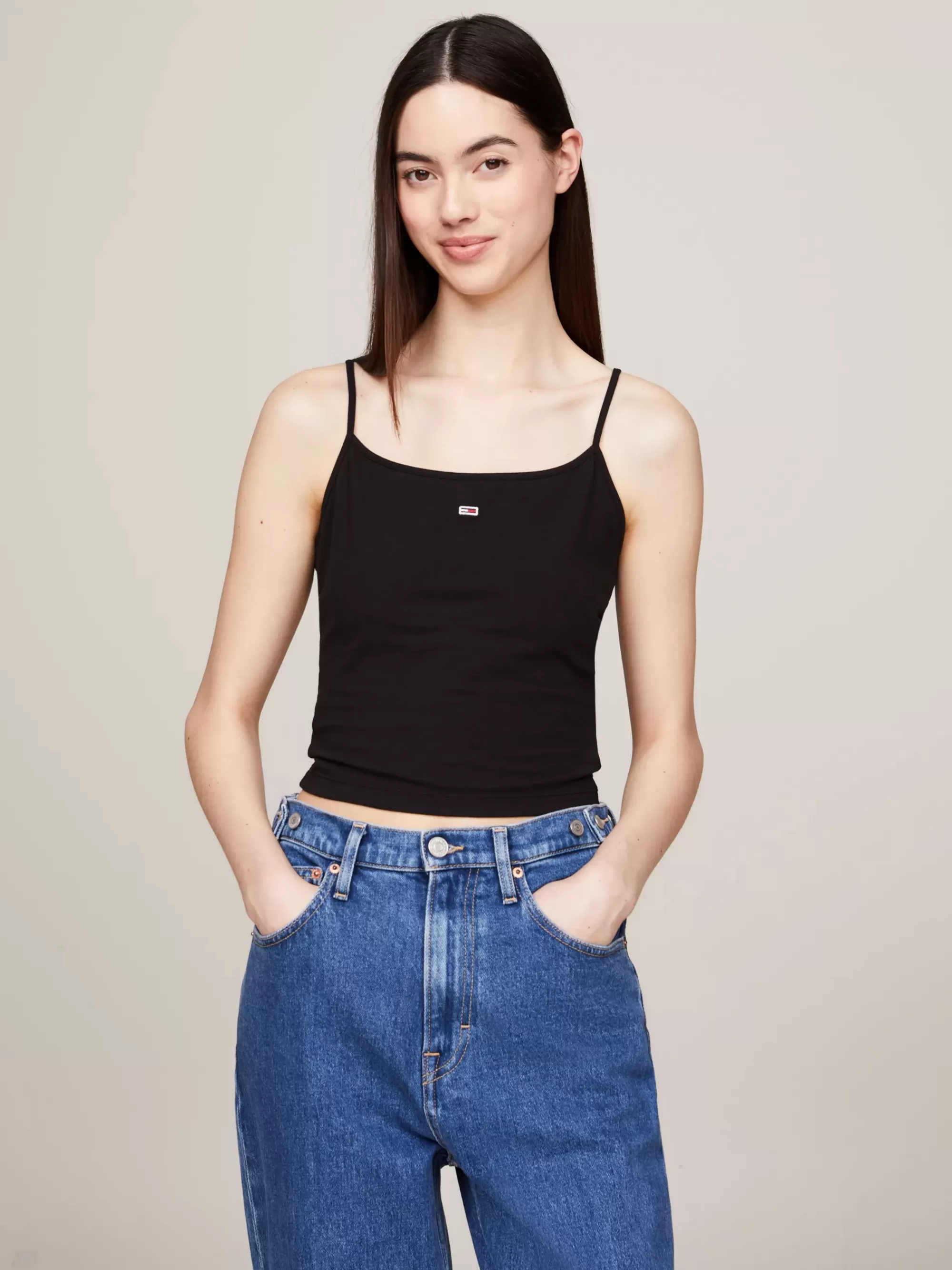 T-Shirts*Tommy Hilfiger Cropped Fitted Tanktop Met Logo BLACK
