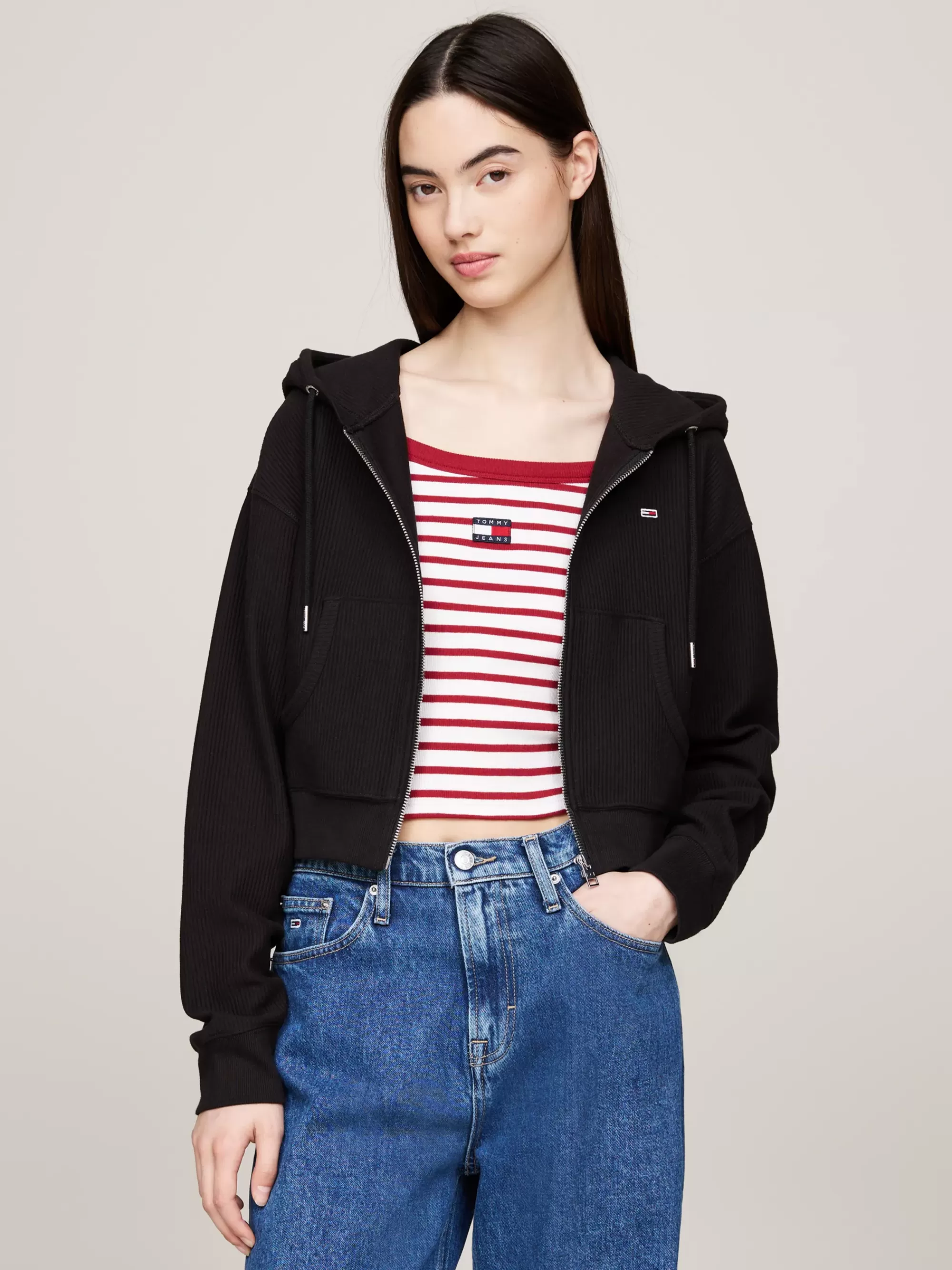Sweatshirts & Hoodies*Tommy Hilfiger Cropped Hoodie Van Geribd Ottoman Met Rits BLACK