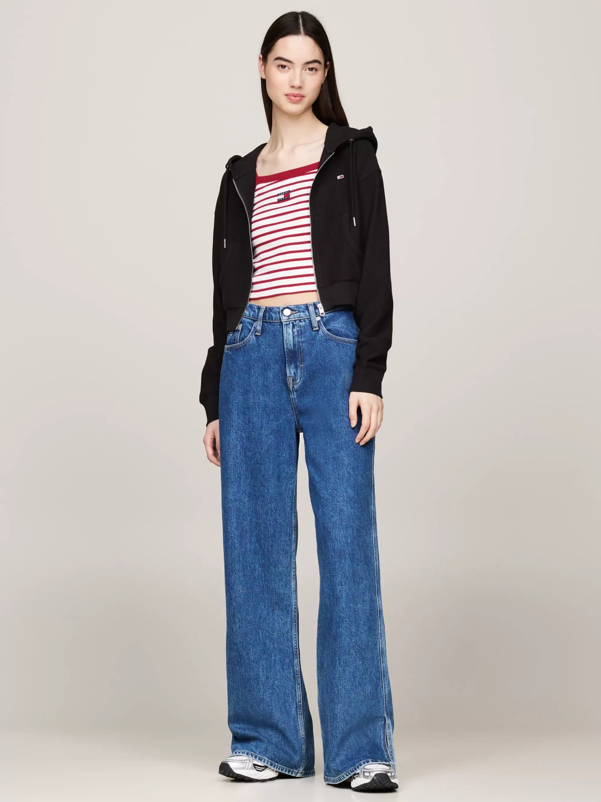 Sweatshirts & Hoodies*Tommy Hilfiger Cropped Hoodie Van Geribd Ottoman Met Rits BLACK