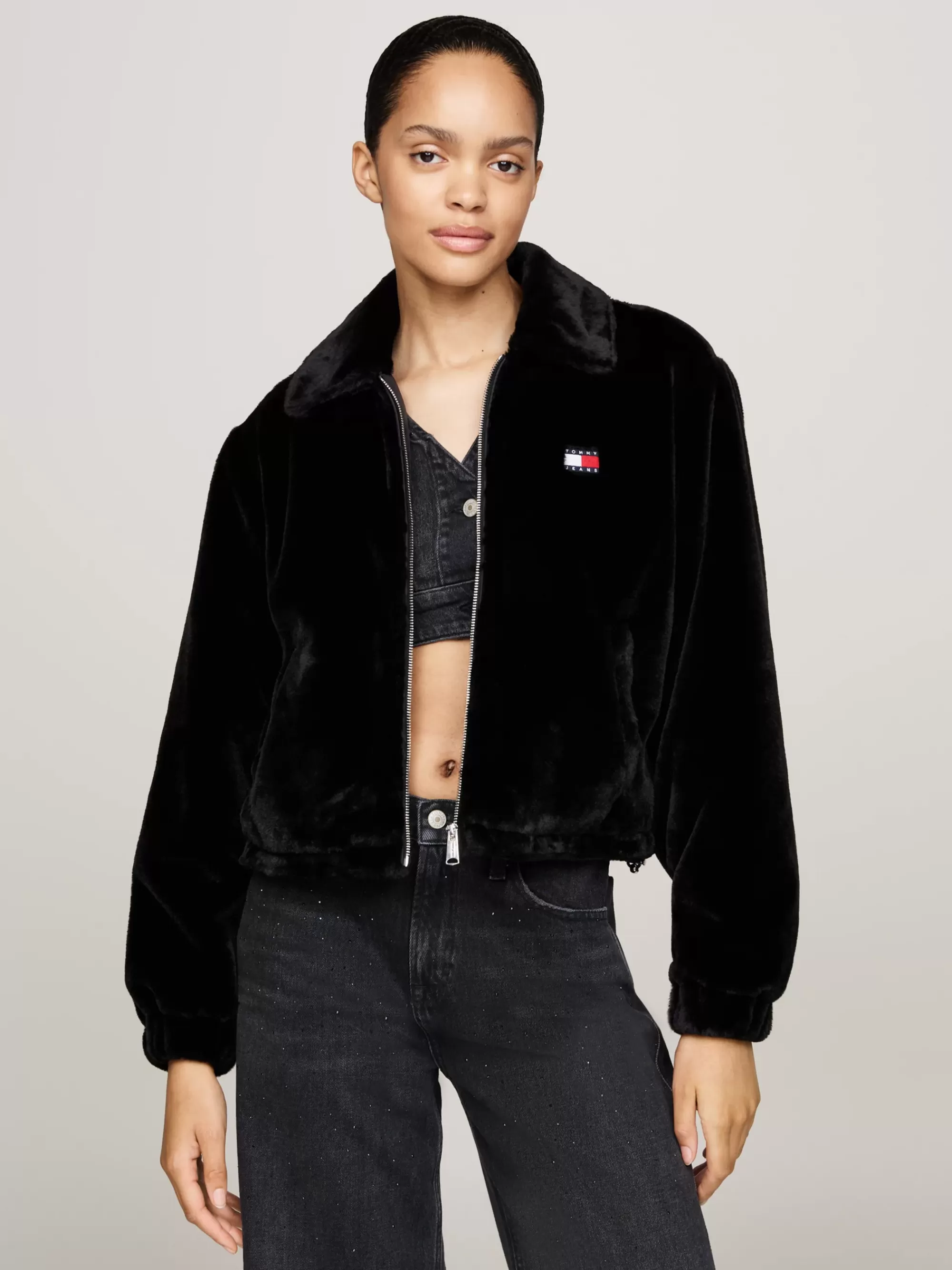 Jassen & Jacks*Tommy Hilfiger Cropped Jack Met Imitatiebont En Ritssluiting BLACK