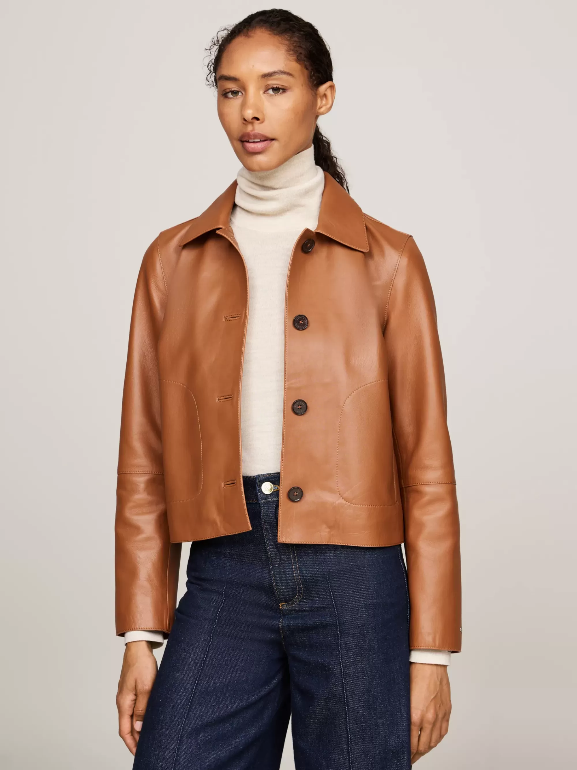Jassen & Jacks*Tommy Hilfiger Cropped Leren Slim Fit Jack CLASSIC KHAKI