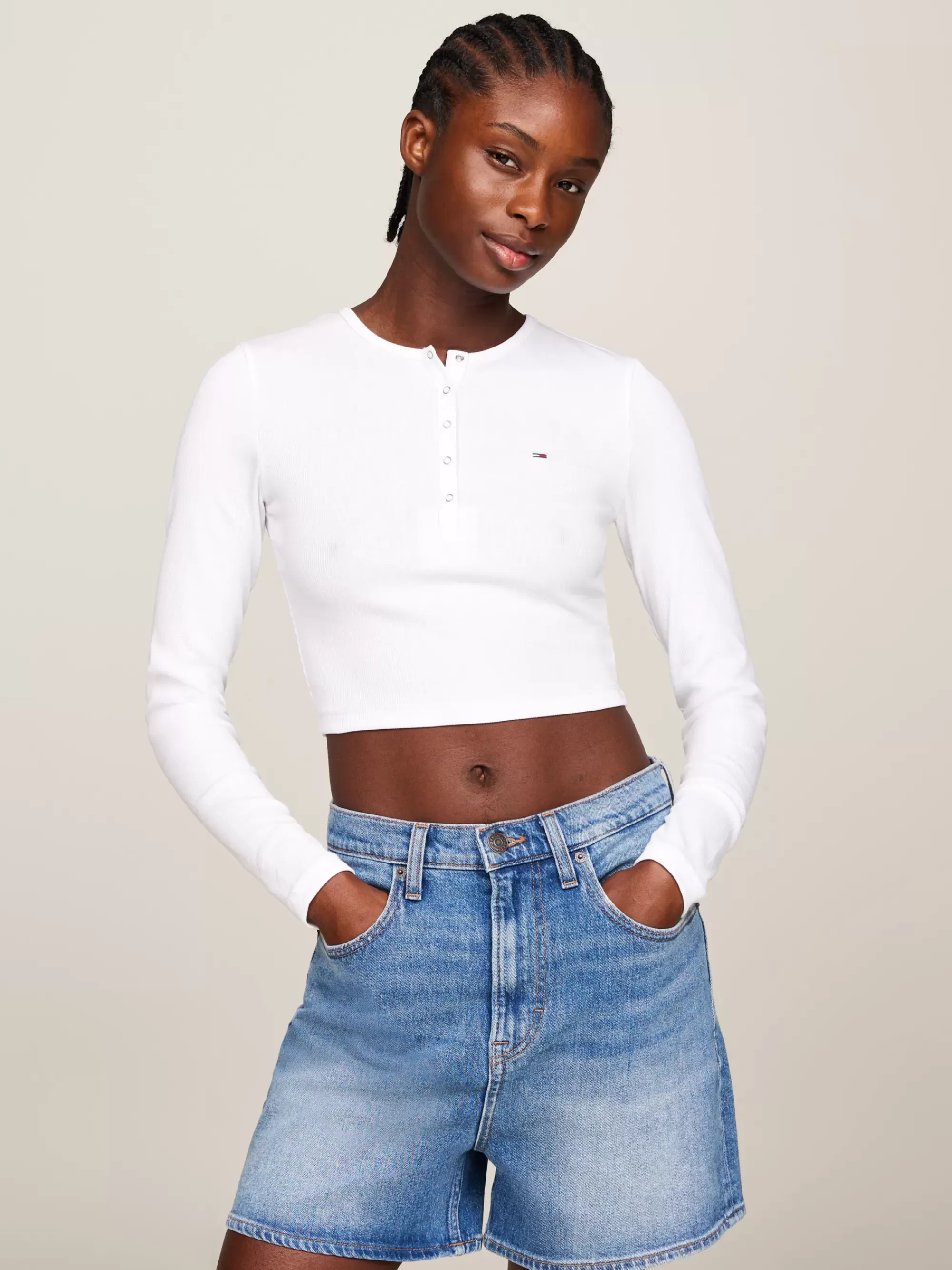 T-Shirts*Tommy Hilfiger Cropped Longsleeve T-shirt Met Ribtextuur WHITE