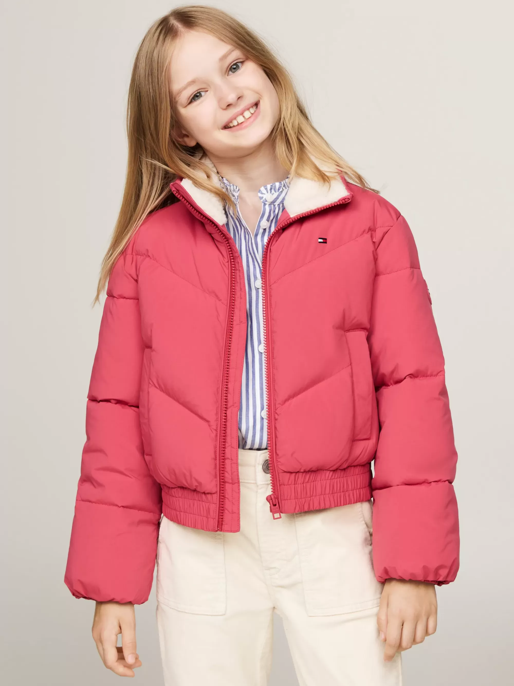 Jassen & Jacks*Tommy Hilfiger Cropped Pufferjack Met Teddy Kraag HERITAGE PINK