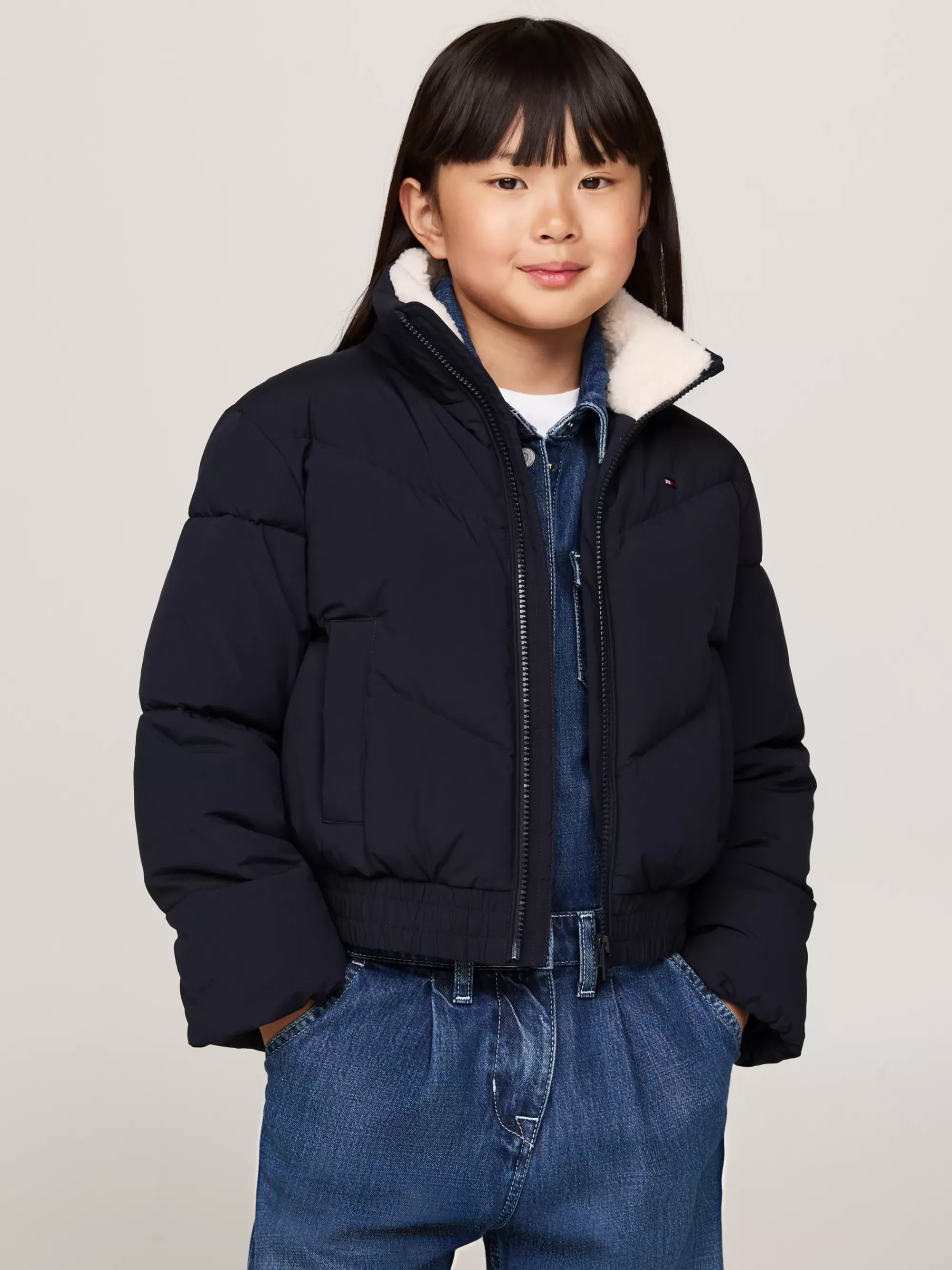 Jassen & Jacks*Tommy Hilfiger Cropped Pufferjack Met Teddy Kraag DESERT SKY