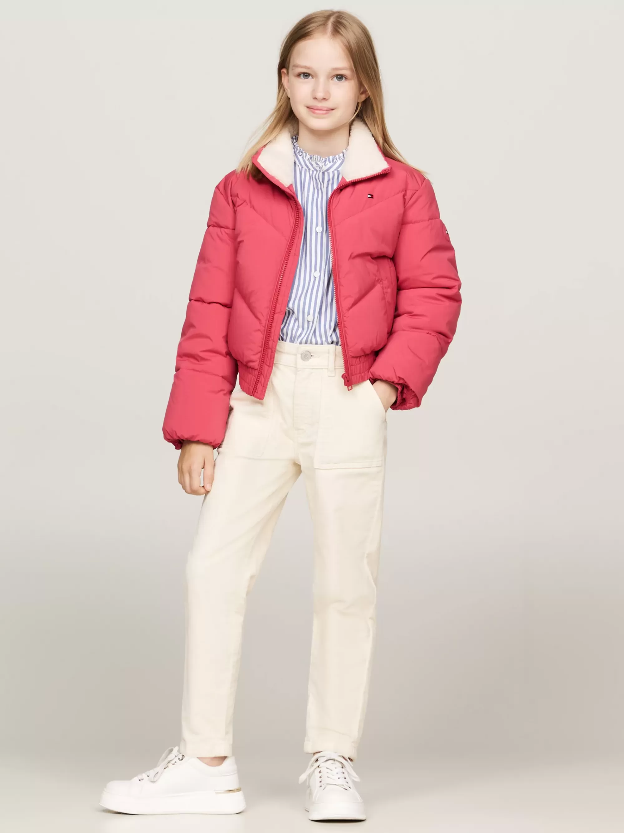 Jassen & Jacks*Tommy Hilfiger Cropped Pufferjack Met Teddy Kraag HERITAGE PINK