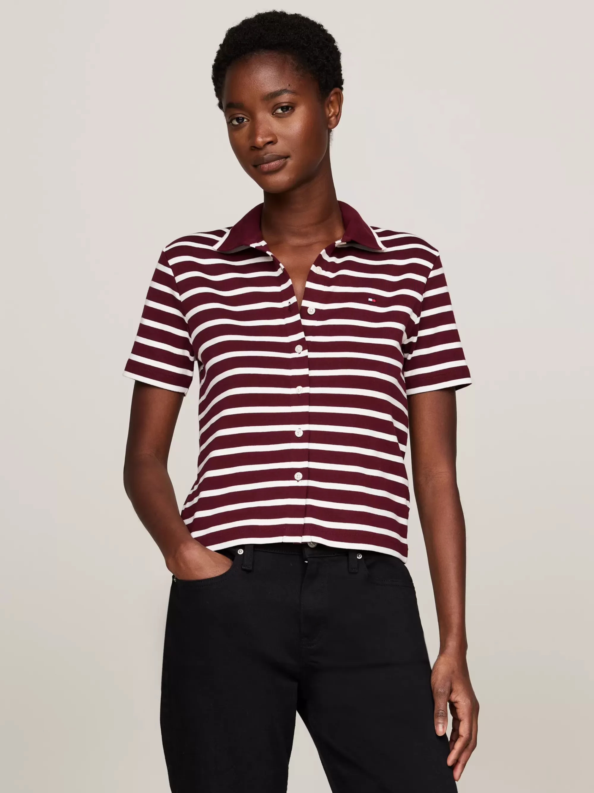 T-Shirts*Tommy Hilfiger Cropped Slim Fit Polo Met Knoopsluiting BRETON STP DEEP ROUGE/ ECRU