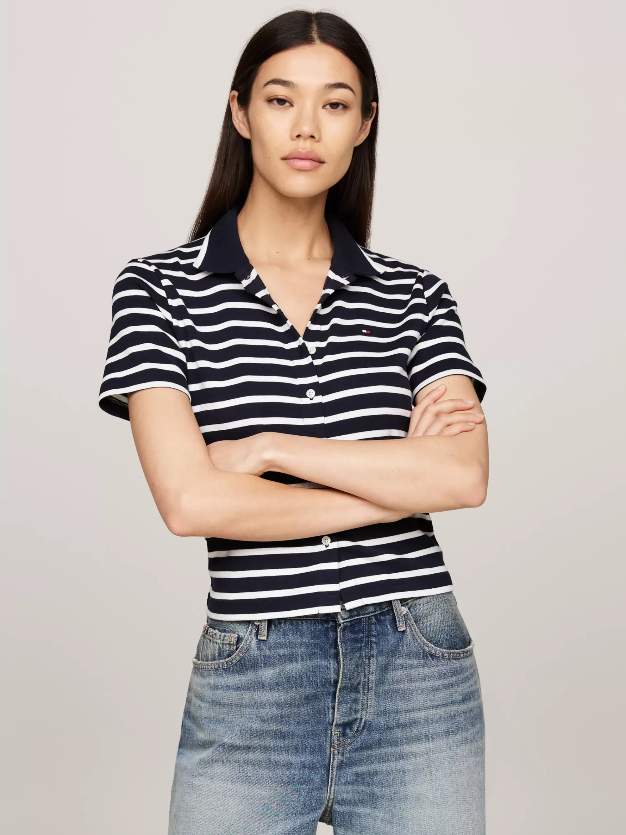 T-Shirts*Tommy Hilfiger Cropped Slim Fit Polo Met Knoopsluiting BRETON DESERT SKY/ECRU