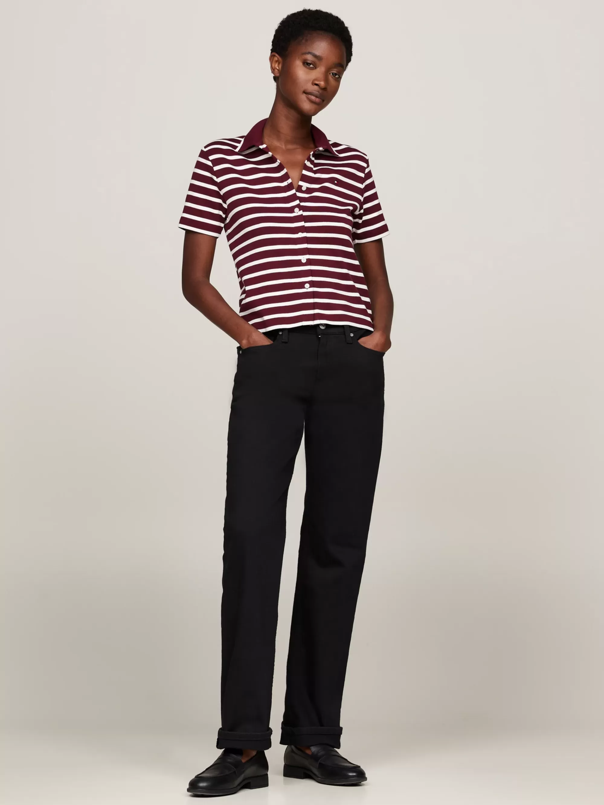 T-Shirts*Tommy Hilfiger Cropped Slim Fit Polo Met Knoopsluiting BRETON STP DEEP ROUGE/ ECRU
