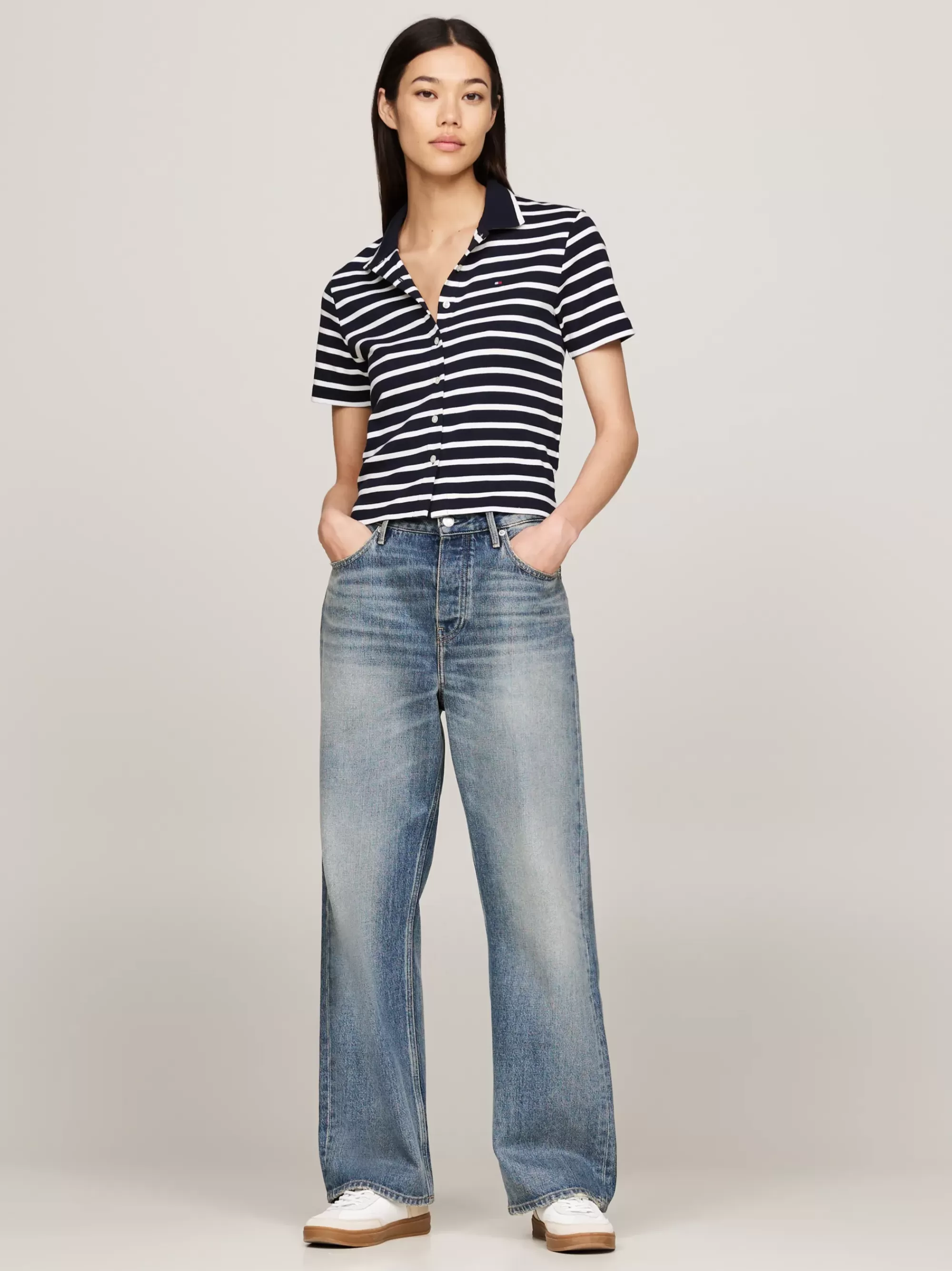 T-Shirts*Tommy Hilfiger Cropped Slim Fit Polo Met Knoopsluiting BRETON DESERT SKY/ECRU