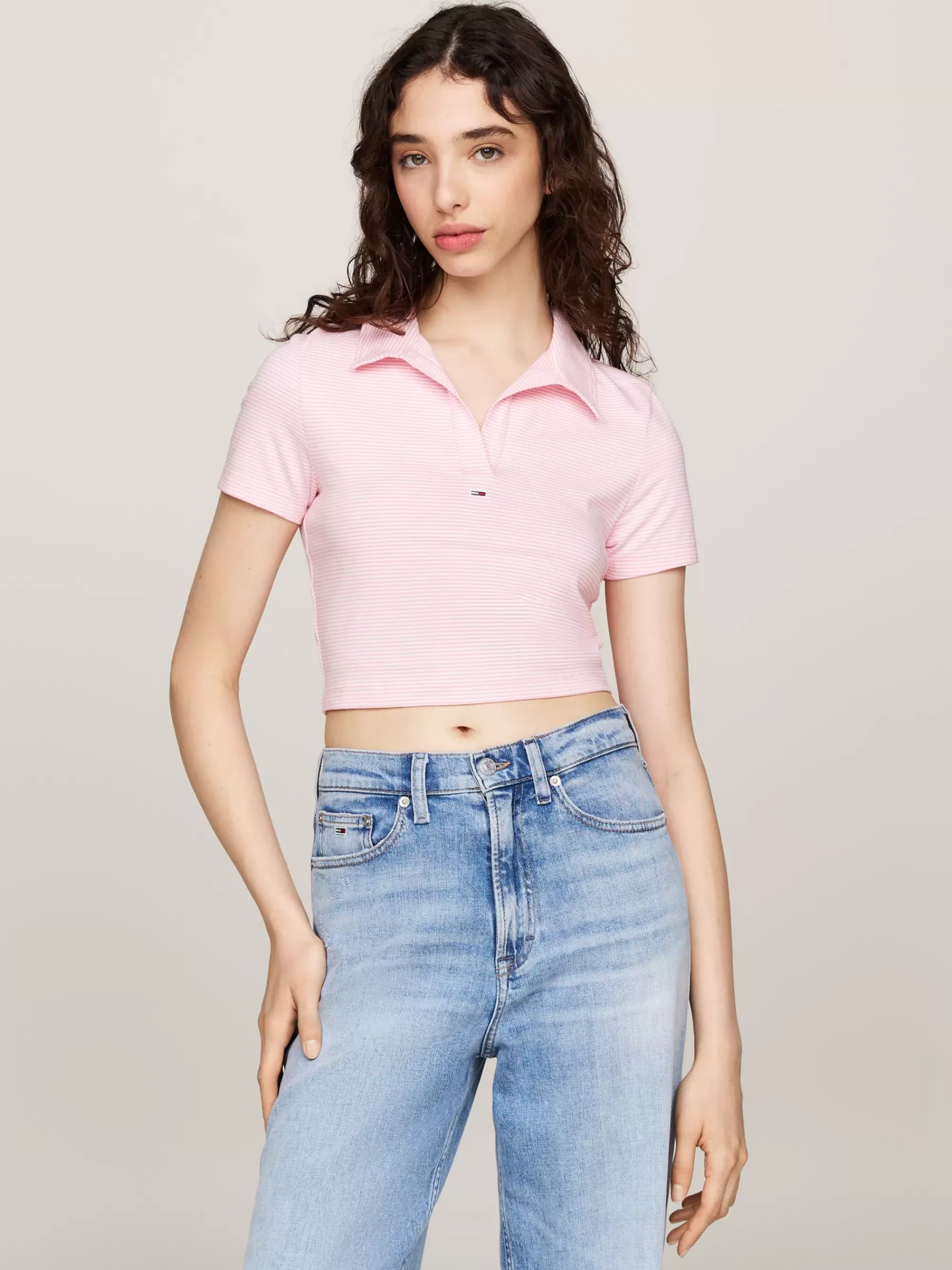 Polo's*Tommy Hilfiger Cropped Slim Fit Polo Met V-hals BALLET PINK / STRIPE