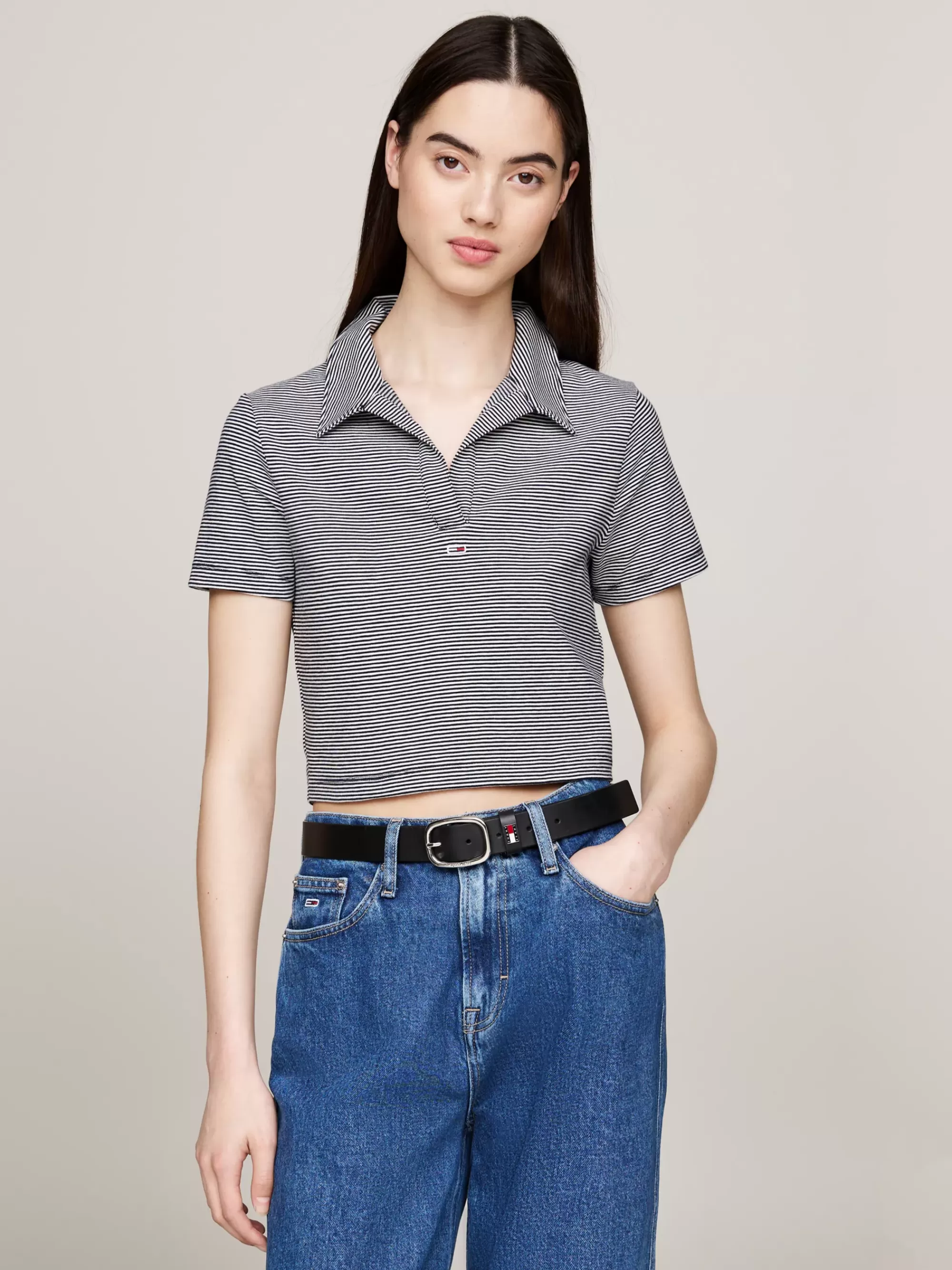 Polo's*Tommy Hilfiger Cropped Slim Fit Polo Met V-hals DARK NIGHT NAVY STRIPE
