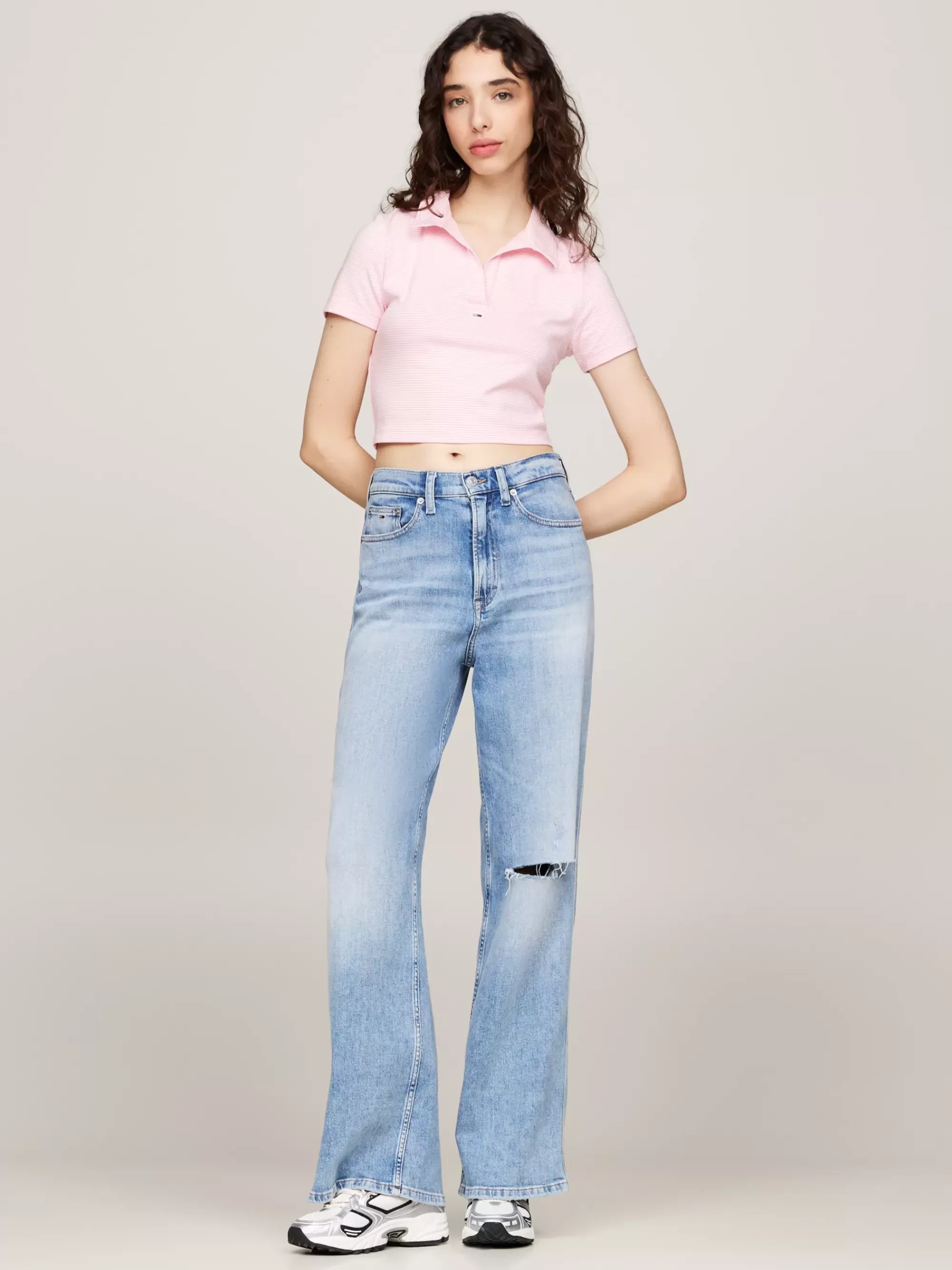 Polo's*Tommy Hilfiger Cropped Slim Fit Polo Met V-hals BALLET PINK / STRIPE