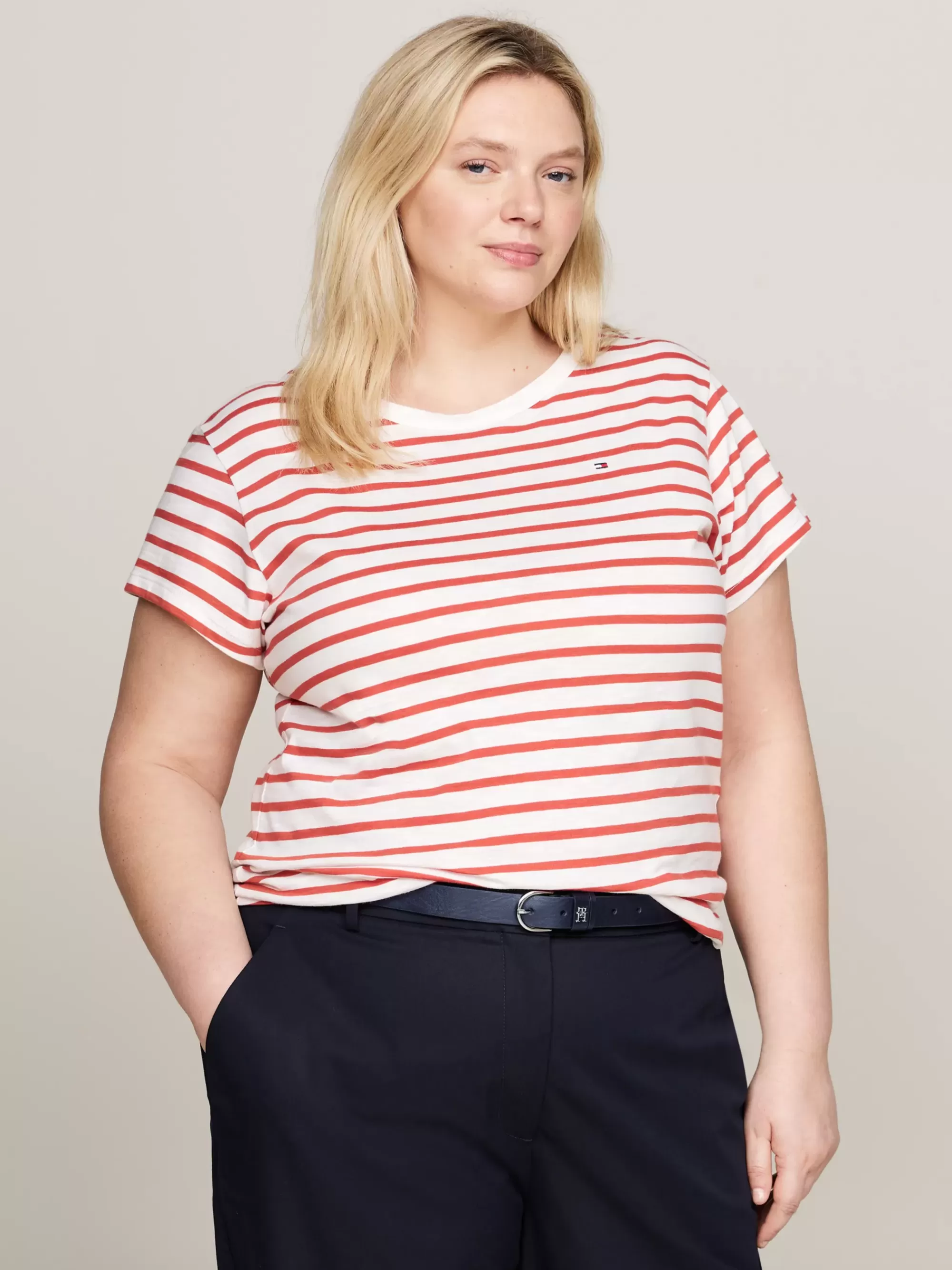 Curve Mode & Inclusieve Maten | T-Shirts*Tommy Hilfiger Curve 1985 Slim T-shirt Met Textuurstreep BRETON STP/ ECRU/ TERRA RED