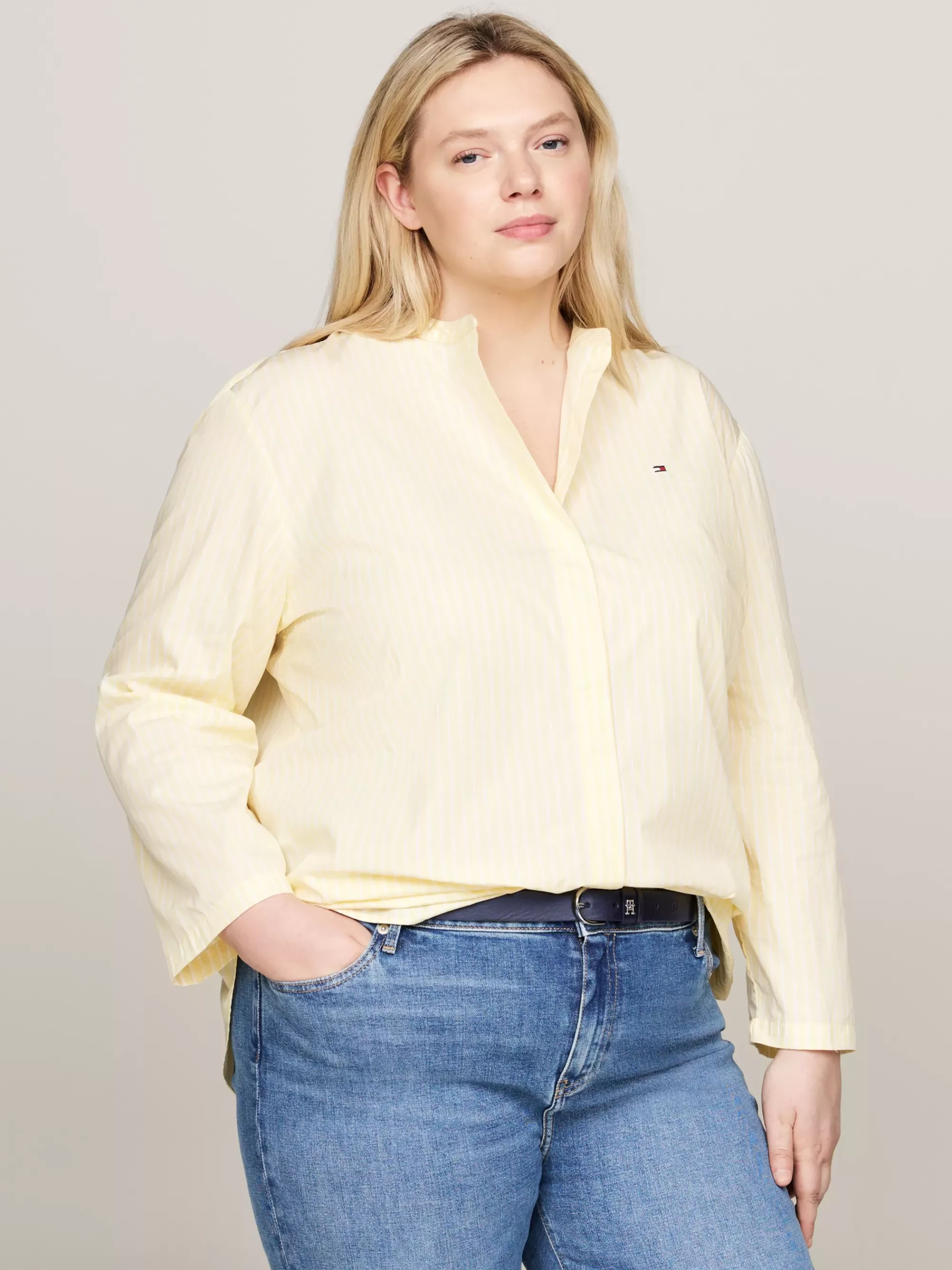 Co-Ords | Curve Mode & Inclusieve Maten*Tommy Hilfiger Curve Gestreept Relaxed Overhemd Zonder Kraag STRIPE/ LEMON ZEST/ ECRU