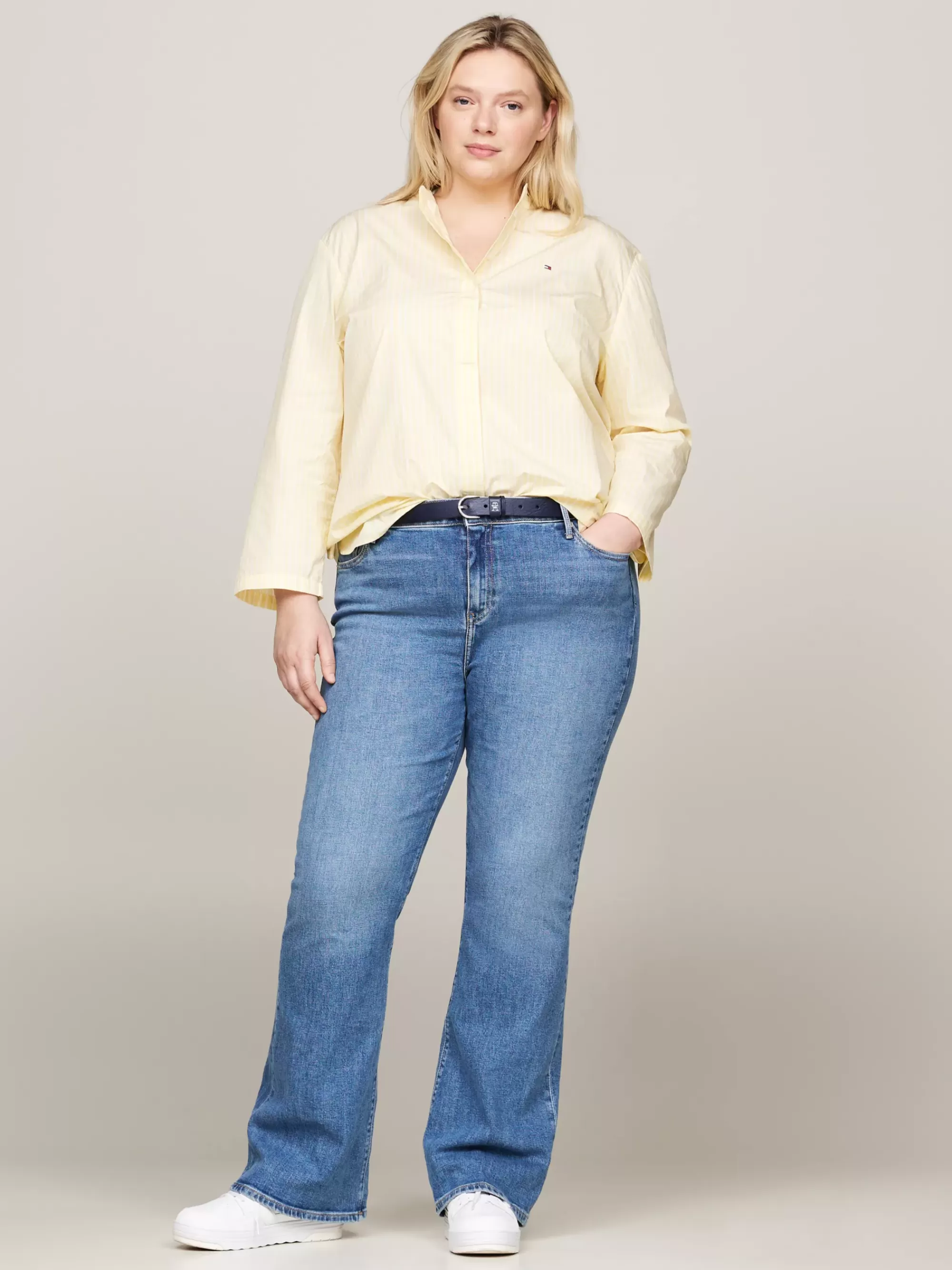 Co-Ords | Curve Mode & Inclusieve Maten*Tommy Hilfiger Curve Gestreept Relaxed Overhemd Zonder Kraag STRIPE/ LEMON ZEST/ ECRU