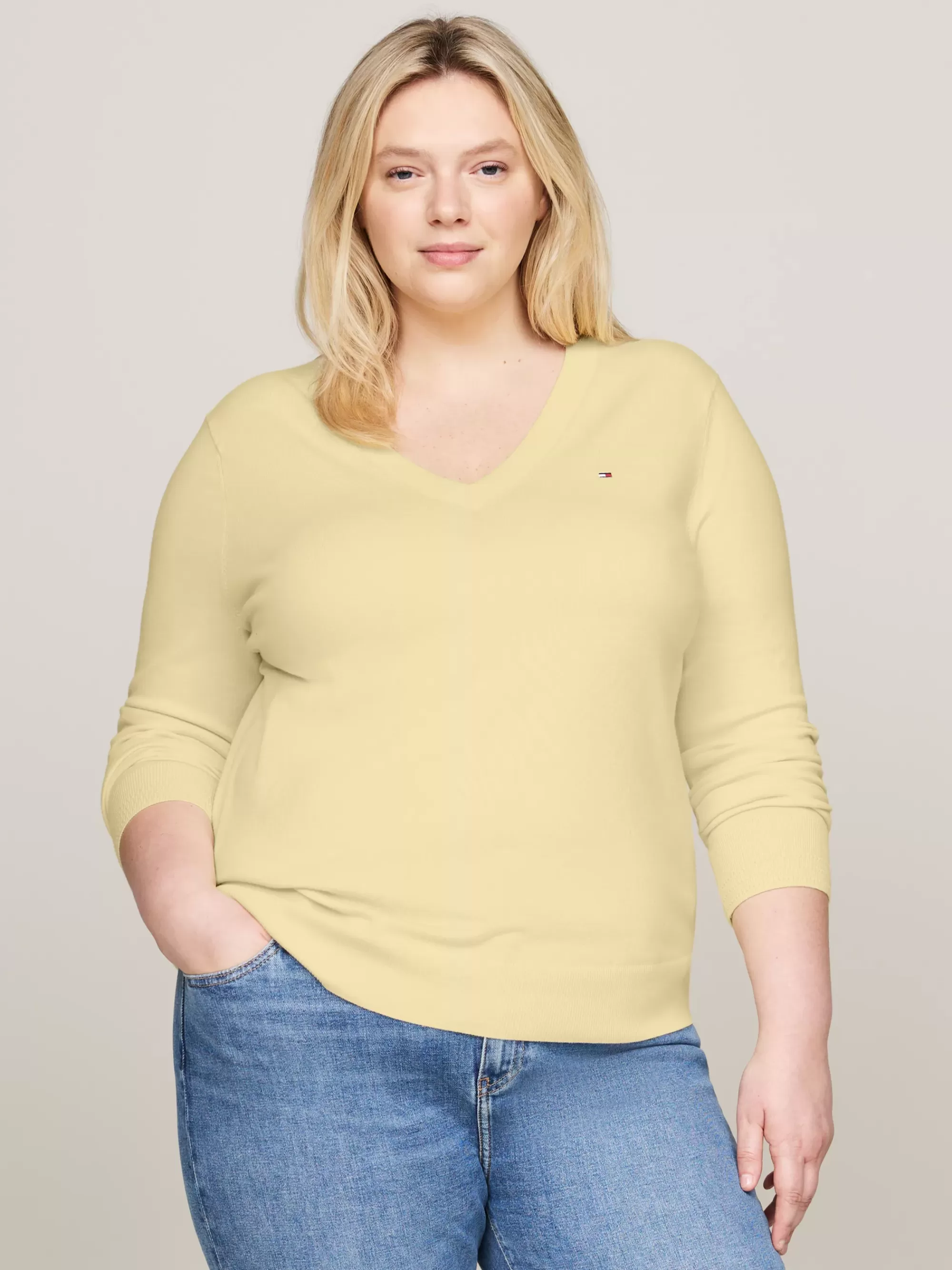 Truien | Curve Mode & Inclusieve Maten*Tommy Hilfiger Curve Jersey Trui Met V-hals LEMON ZEST