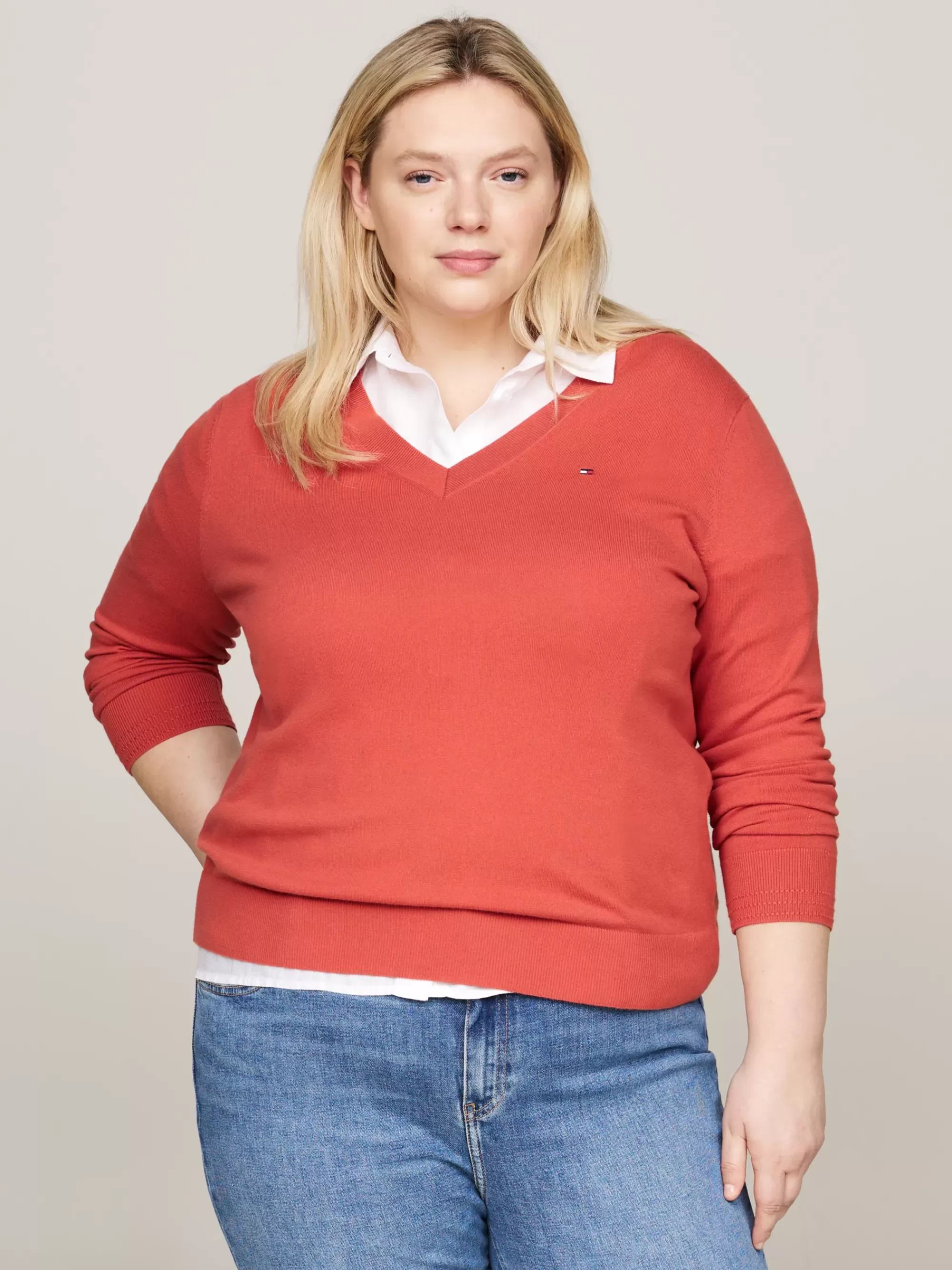 Truien | Curve Mode & Inclusieve Maten*Tommy Hilfiger Curve Jersey Trui Met V-hals TERRA RED