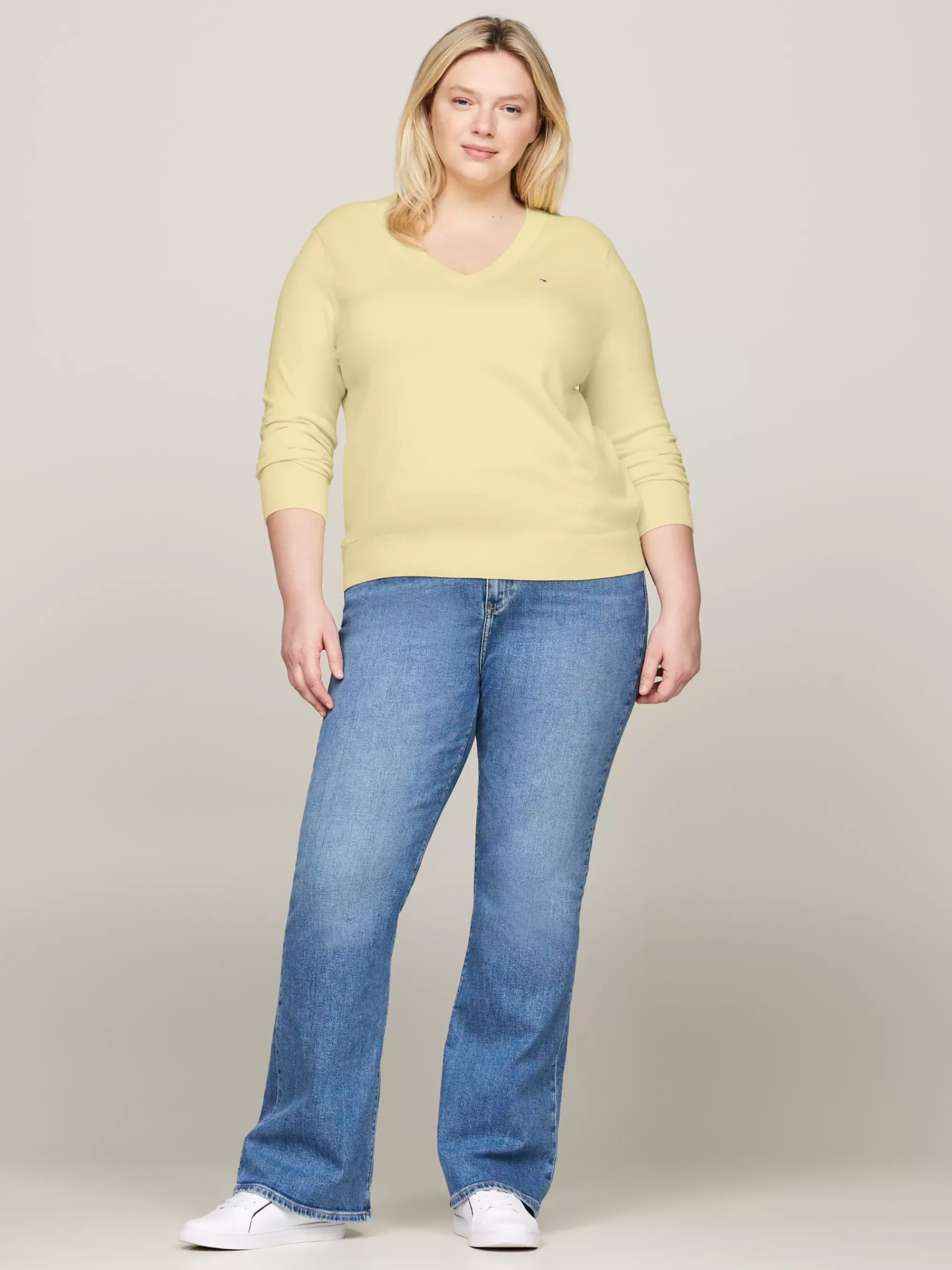 Truien | Curve Mode & Inclusieve Maten*Tommy Hilfiger Curve Jersey Trui Met V-hals LEMON ZEST
