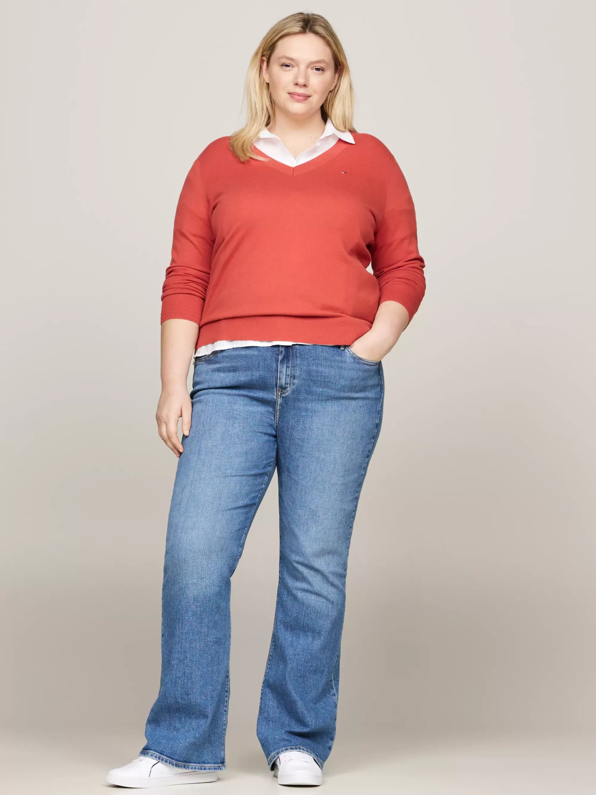 Truien | Curve Mode & Inclusieve Maten*Tommy Hilfiger Curve Jersey Trui Met V-hals TERRA RED