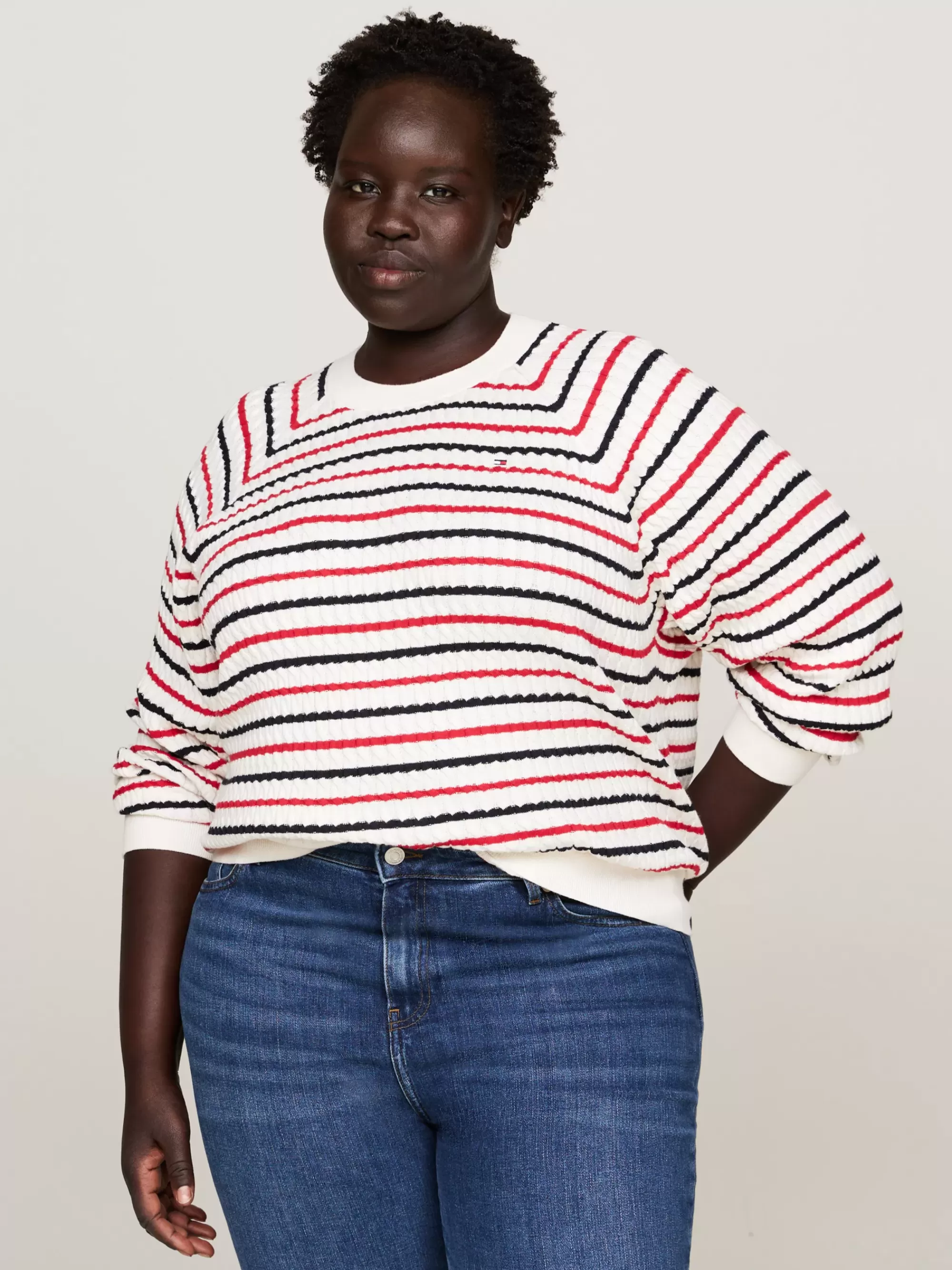 Truien Met Ronde Hals | Truien*Tommy Hilfiger Curve Kabelgebreide Trui Met Raglanmouwen RWB STRIPE