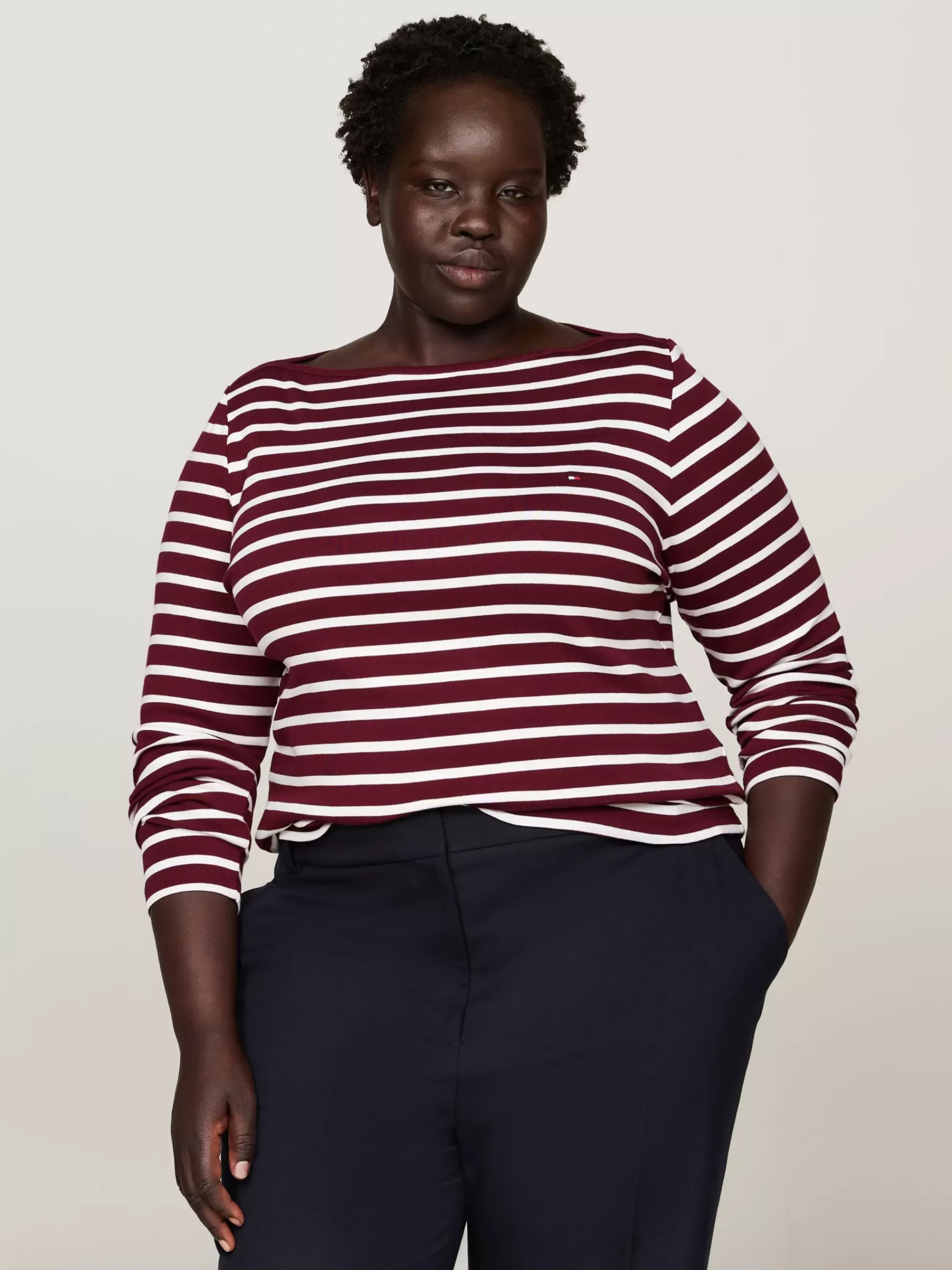 T-Shirts*Tommy Hilfiger Curve Longsleeve T-shirt Met Boothals BRETON STP DEEP ROUGE/ ECRU