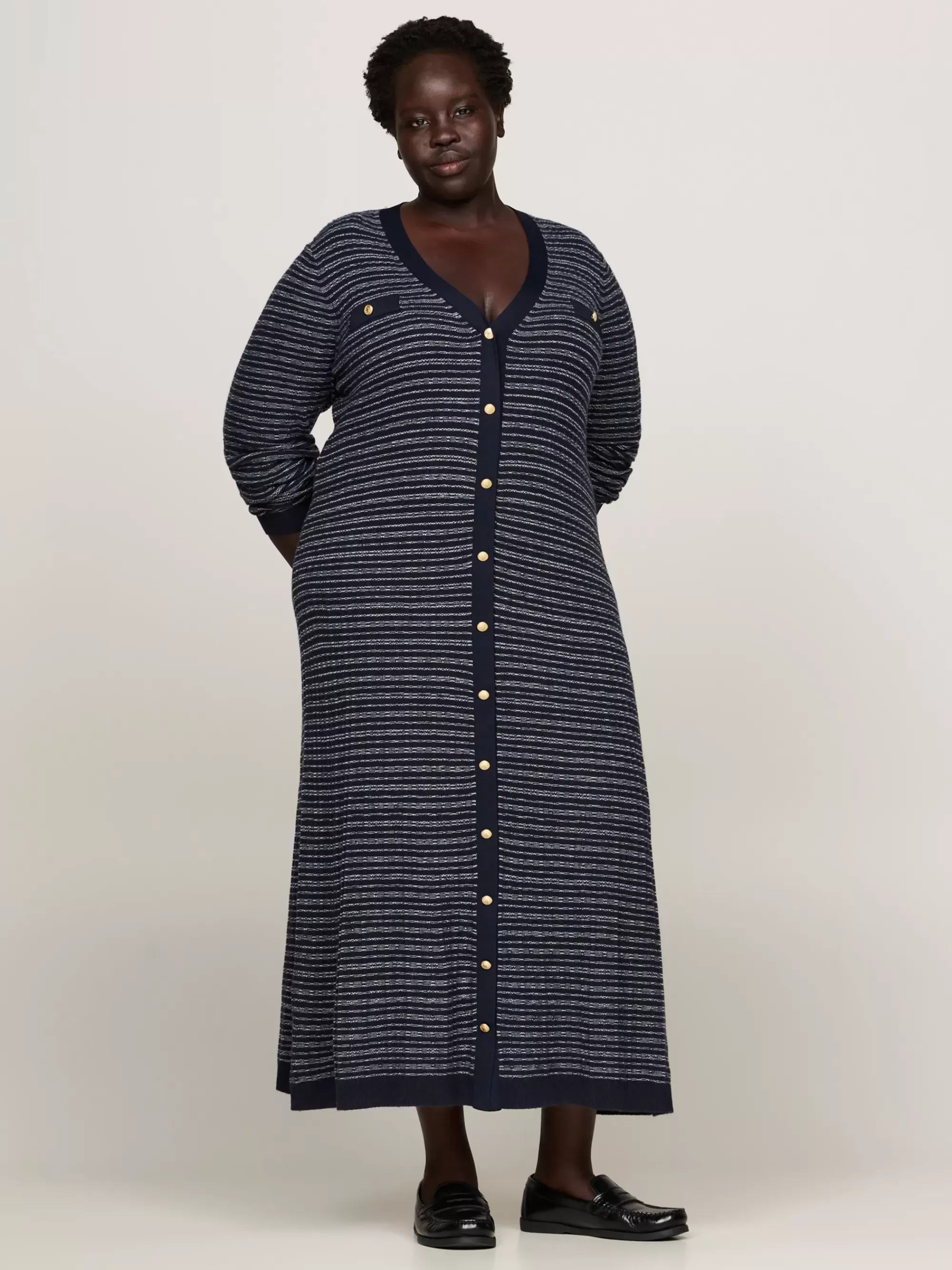Jurken*Tommy Hilfiger Curve Maxi-sweaterjurk Met Slim Fit En V-hals NAVY/ IVORY TEXTURE STP