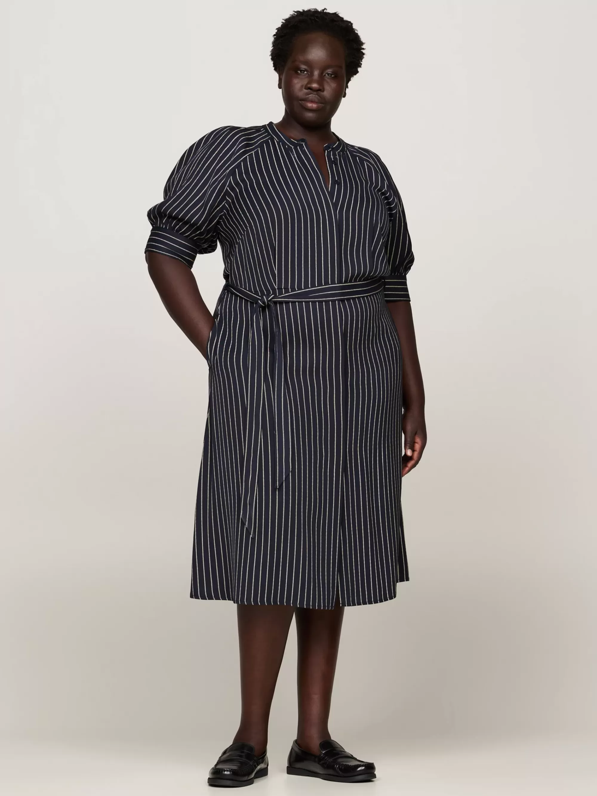 Jurken*Tommy Hilfiger Curve Midi-overhemdjurk Met Koordstreep ROPE STP/ DESERT SKY