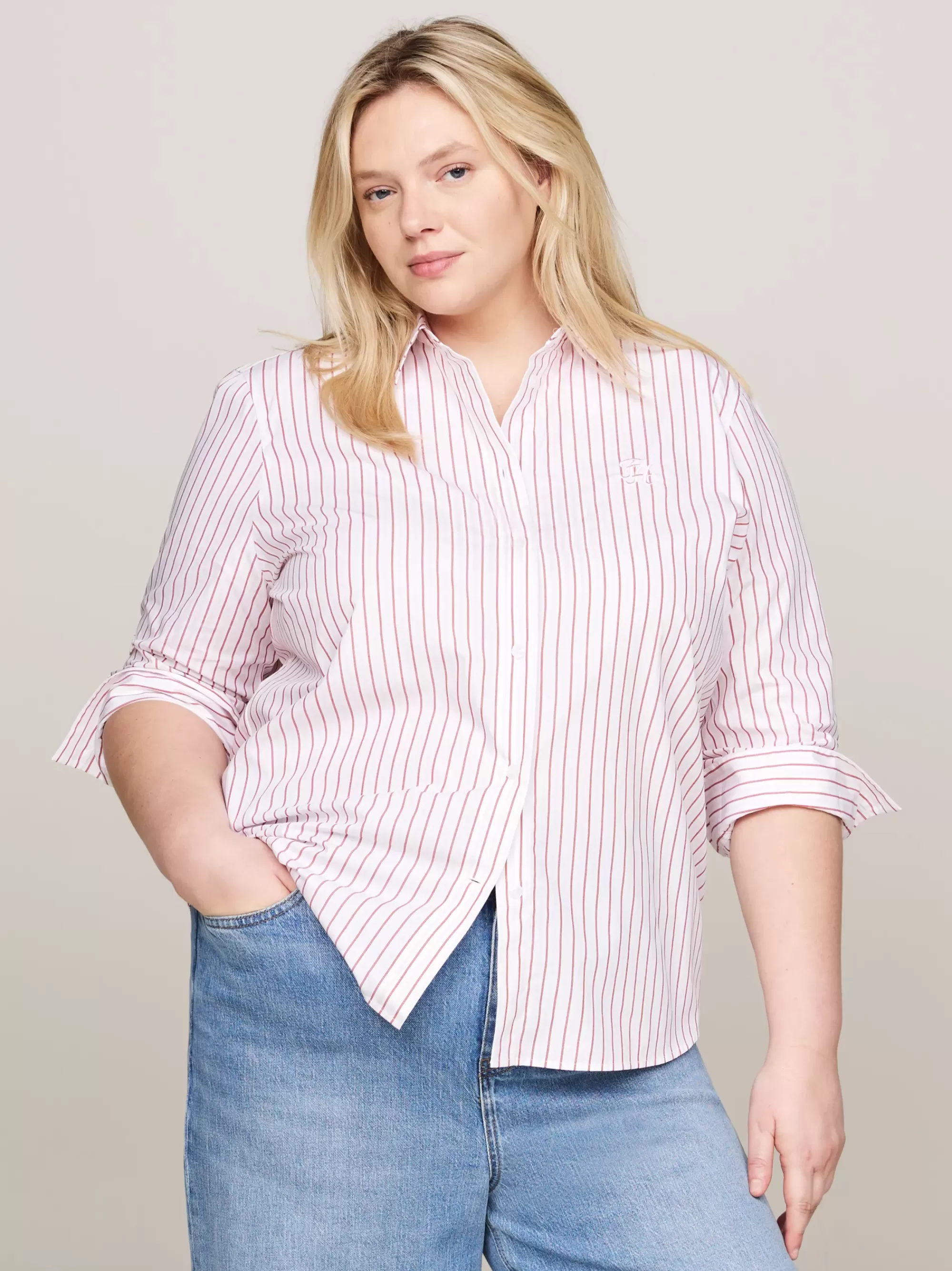 Curve Mode & Inclusieve Maten | Blouses & Overhemden*Tommy Hilfiger Curve Regular Overhemd Met Logo En Streep CLASSIC SHIRTING STP/ PINK