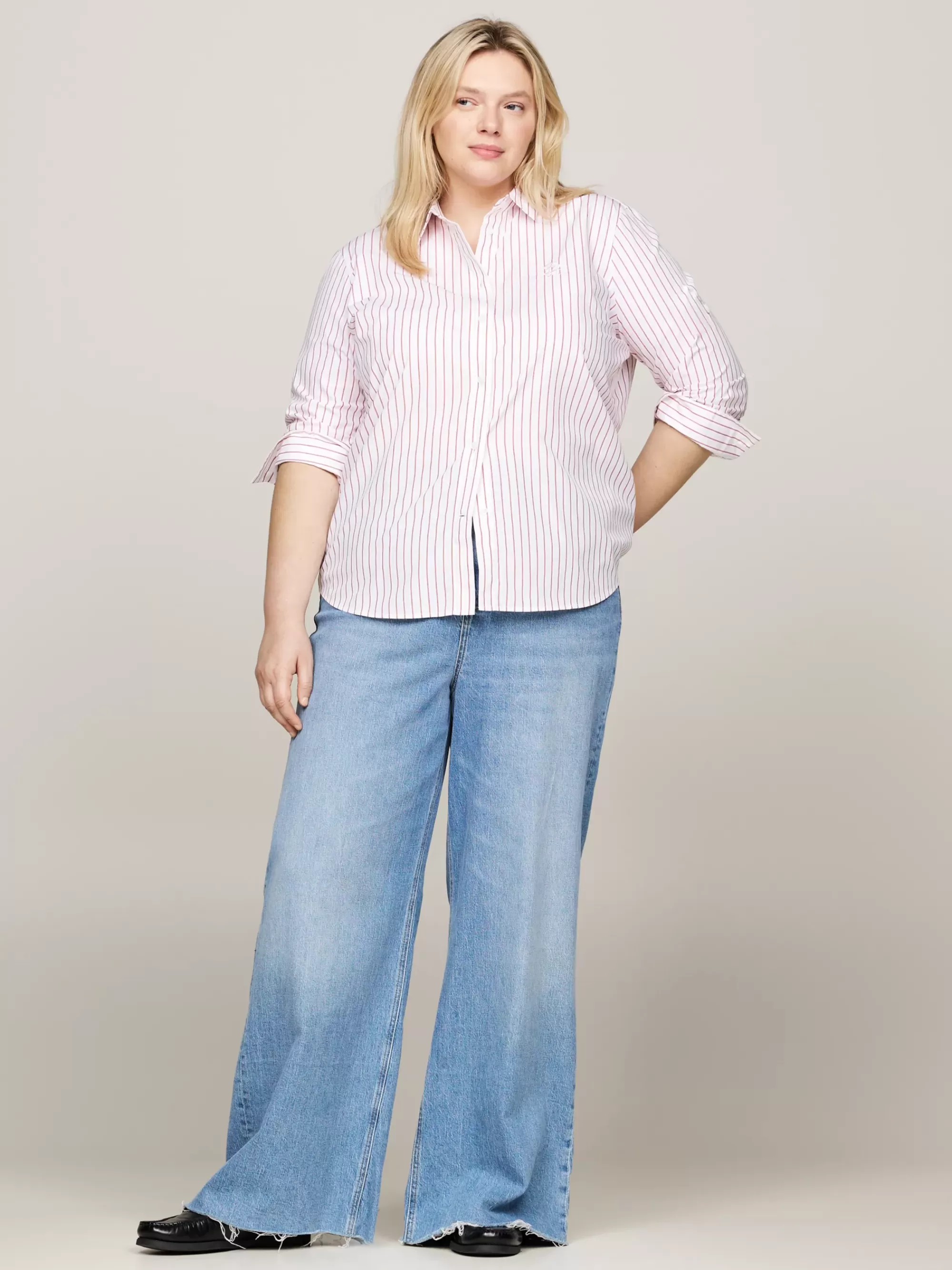 Curve Mode & Inclusieve Maten | Blouses & Overhemden*Tommy Hilfiger Curve Regular Overhemd Met Logo En Streep CLASSIC SHIRTING STP/ PINK